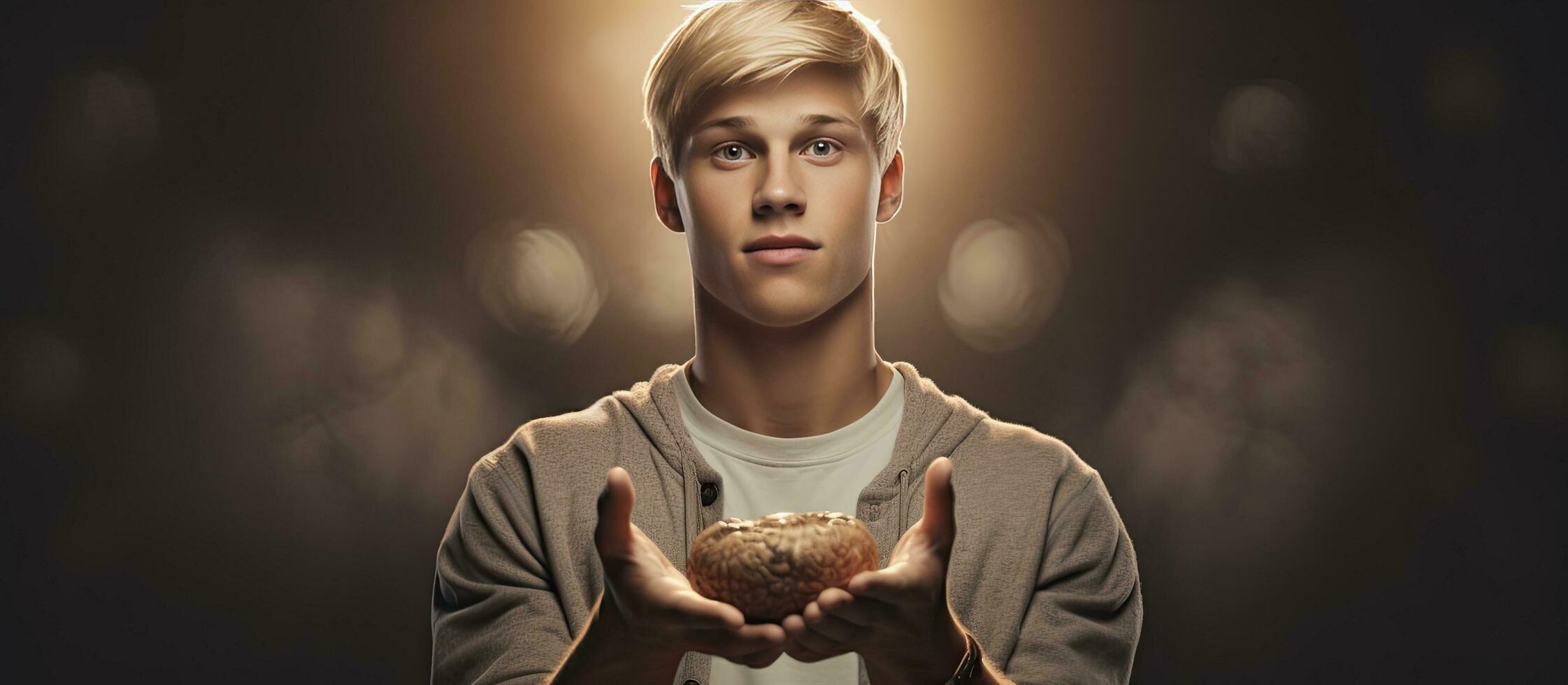 Young adult man with blond hair holding an object and presenting it on a blank background photo