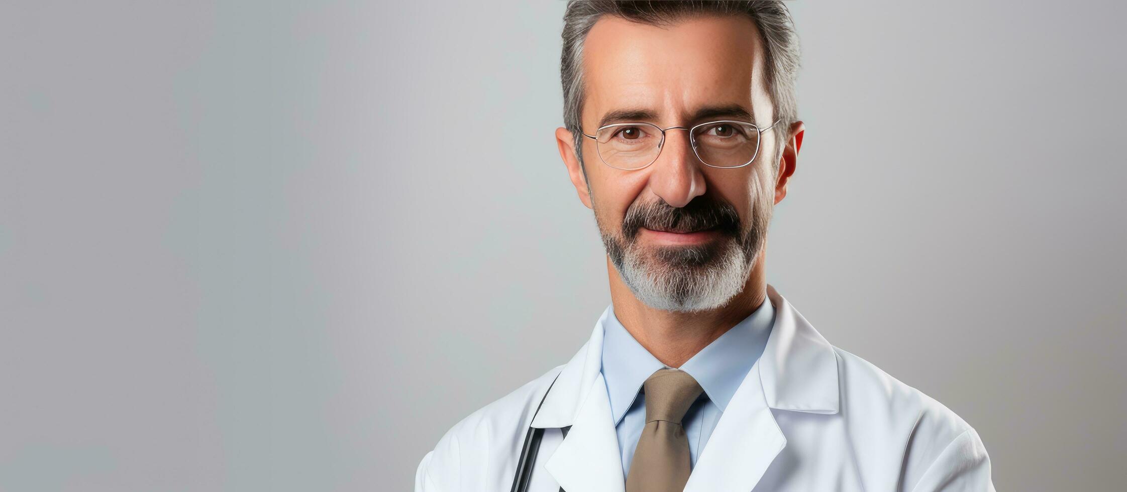 Male healthcare professional in white medical attire and with spectacles and a stethoscope smiles and gazes at the camera against a white backdrop with ro photo