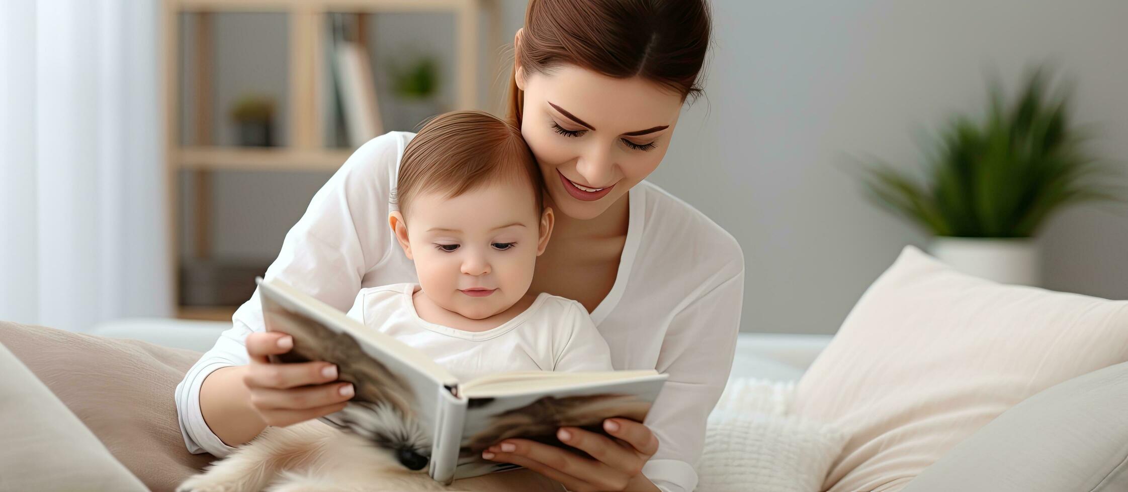 Woman and dog sitting on a couch at home reading a book photo