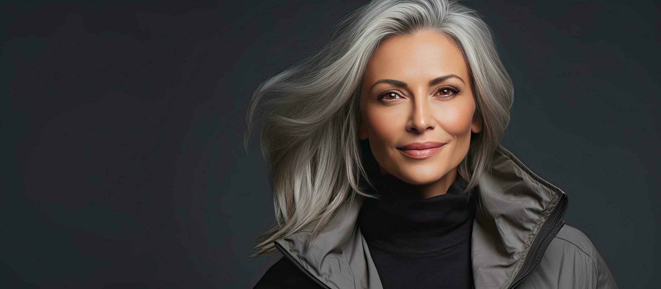 Gray haired middle aged woman in a fashionable jacket on a studio backdrop with room for text photo