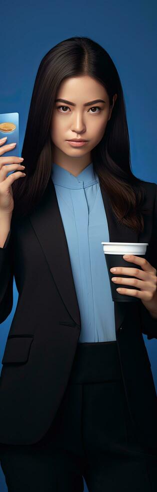 Angry woman with phone and empty bank card Rejected online payment canceled order Customer isolated on blue background photo