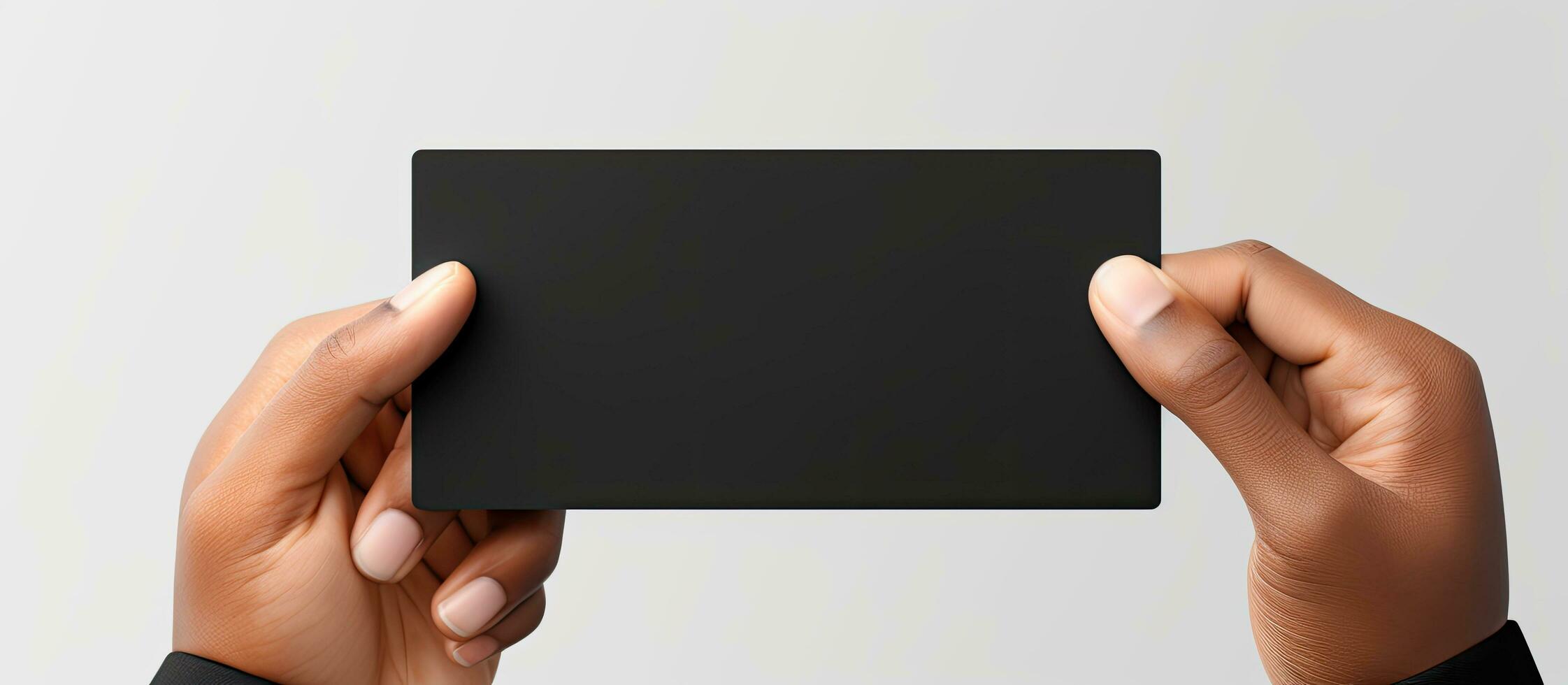 Hand of mixed race person holding black business card on white background photo