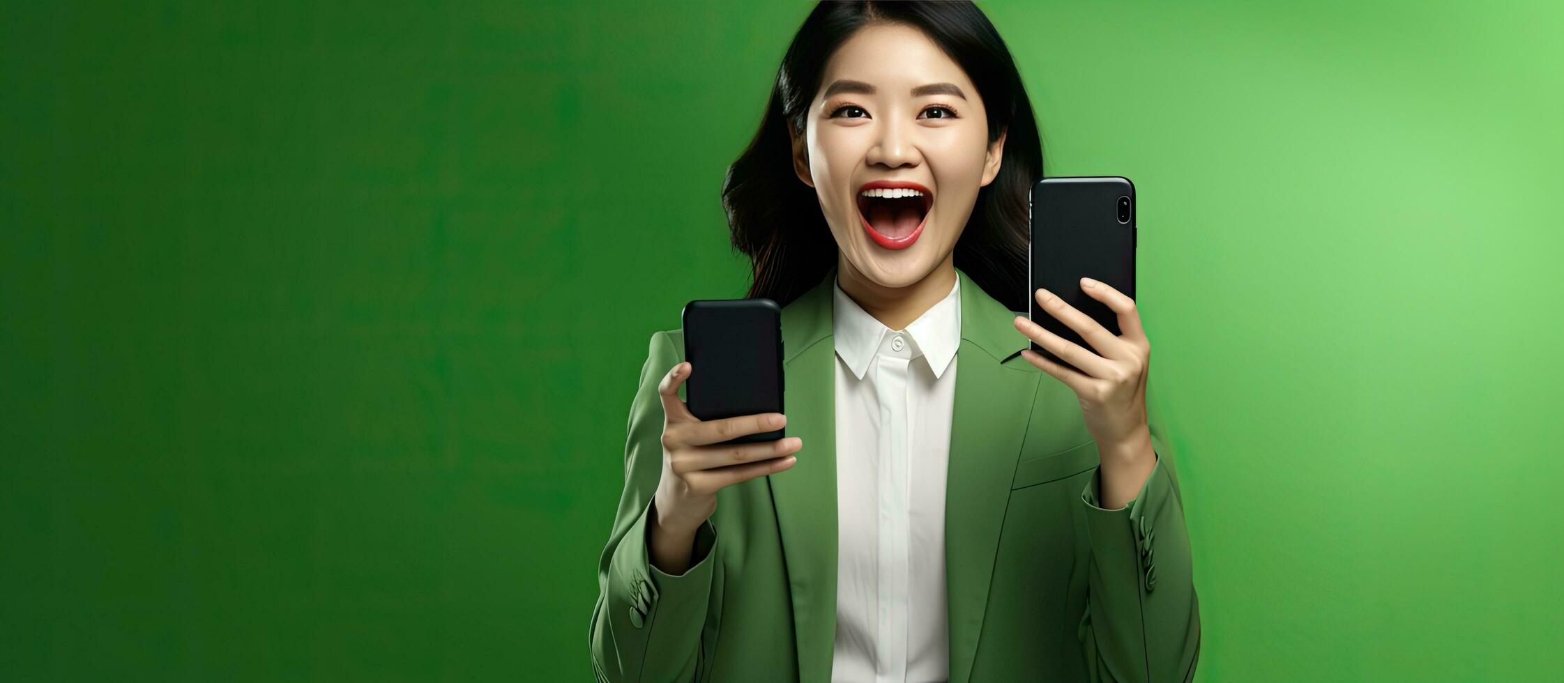 Asian woman sharing great news with a mobile phone displaying a blank white screen against a vibrant green background photo