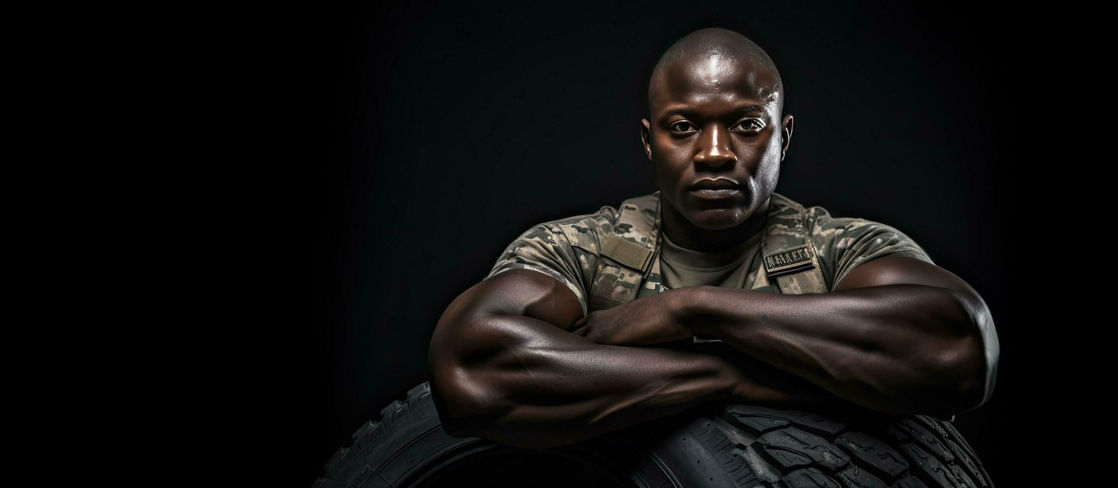 African American army soldier lifting tire armed forces day text armed forces celebration honor patriotism fitness concept photo