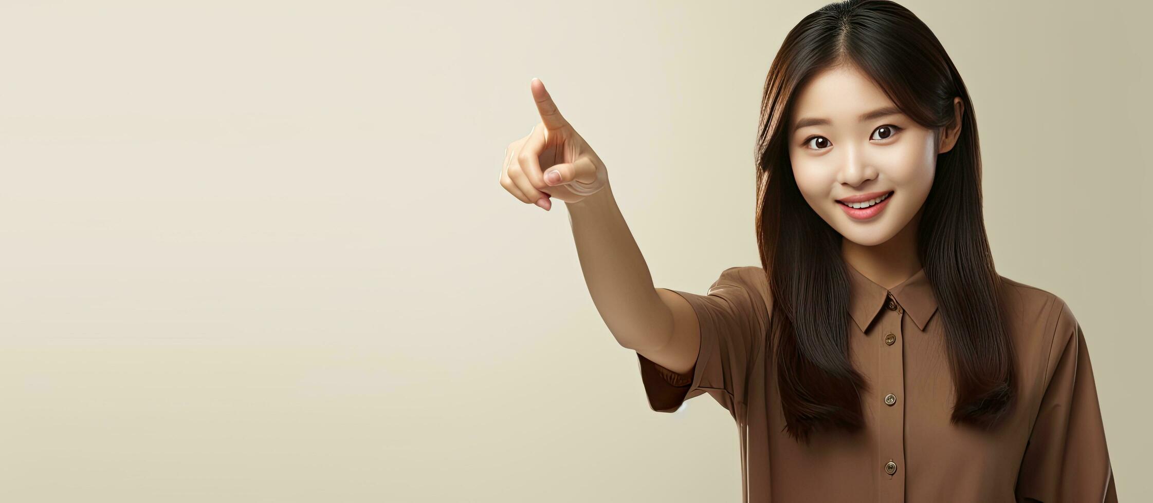 Happy young Asian woman in brown shirt pointing to empty space photo