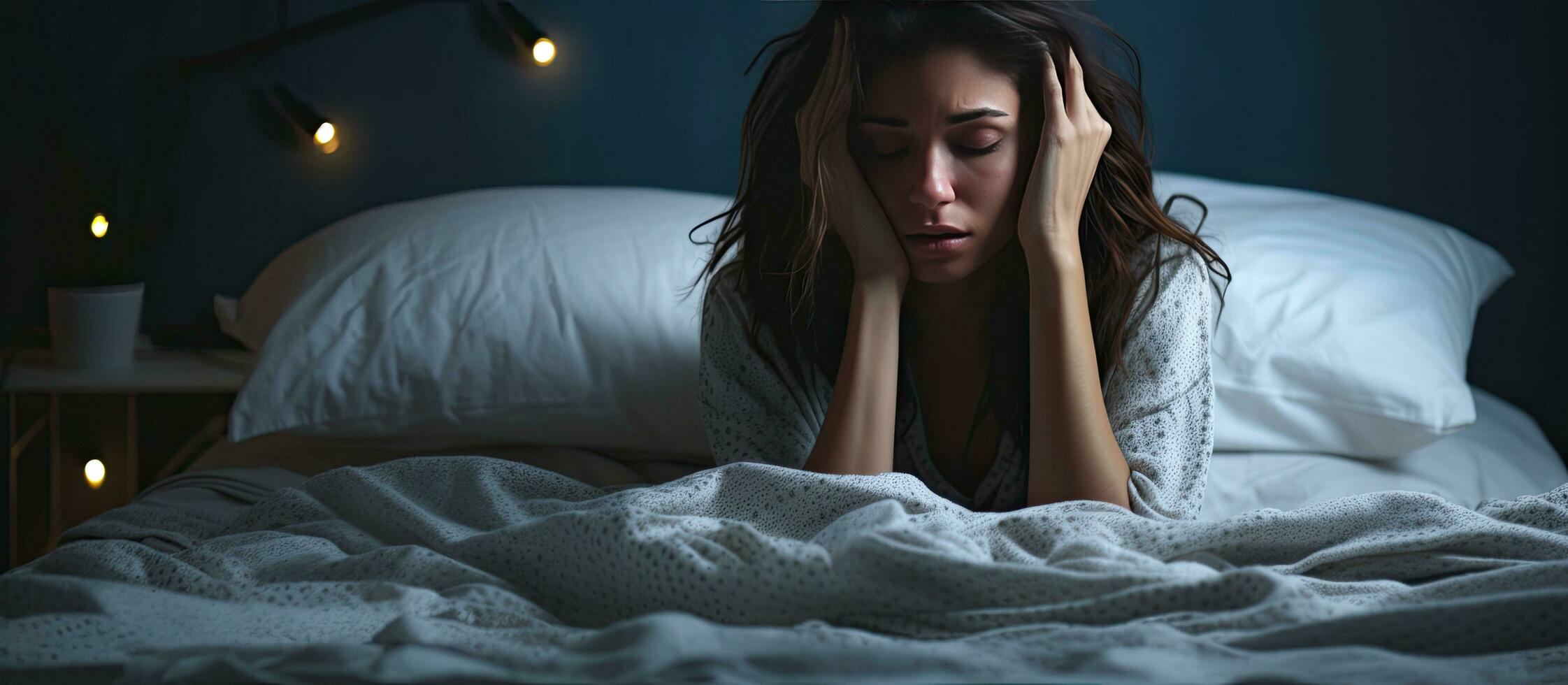 Unhappy woman experiences sleeplessness migraines and mental health issues at home photo