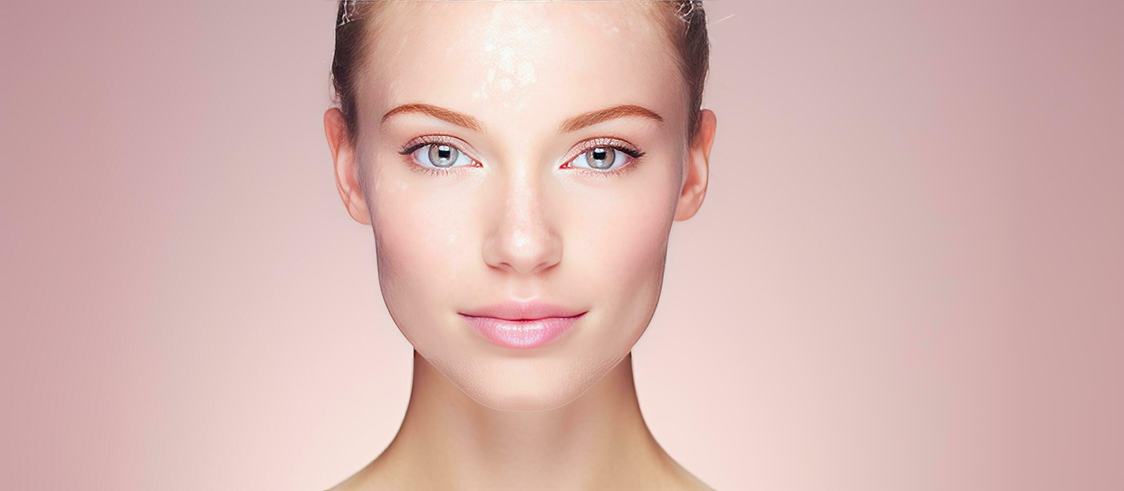 Digital composite portrait of a young woman with diverse skin pigmentation on a pink background promoting awareness and skin care photo