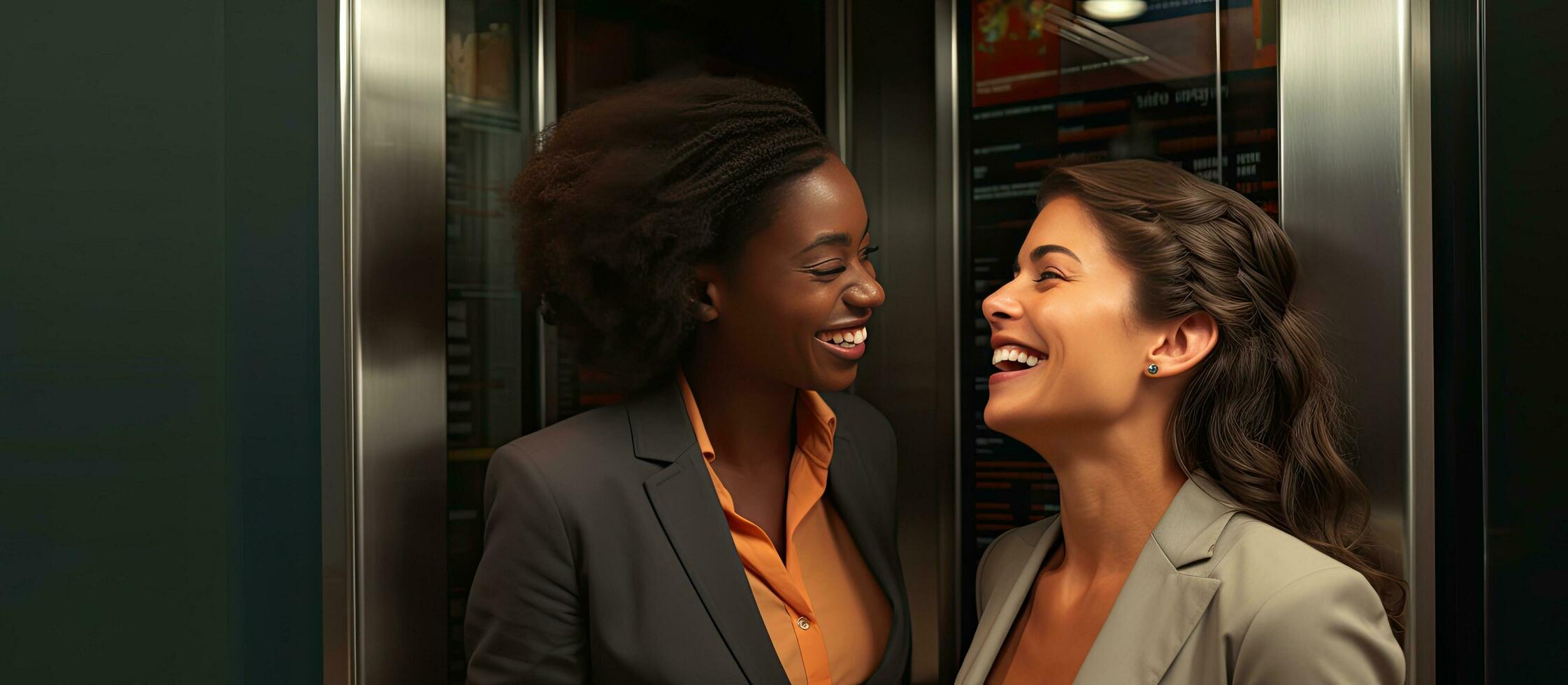 Multiracial businesswomen discussing in elevator celebrating convenience photo