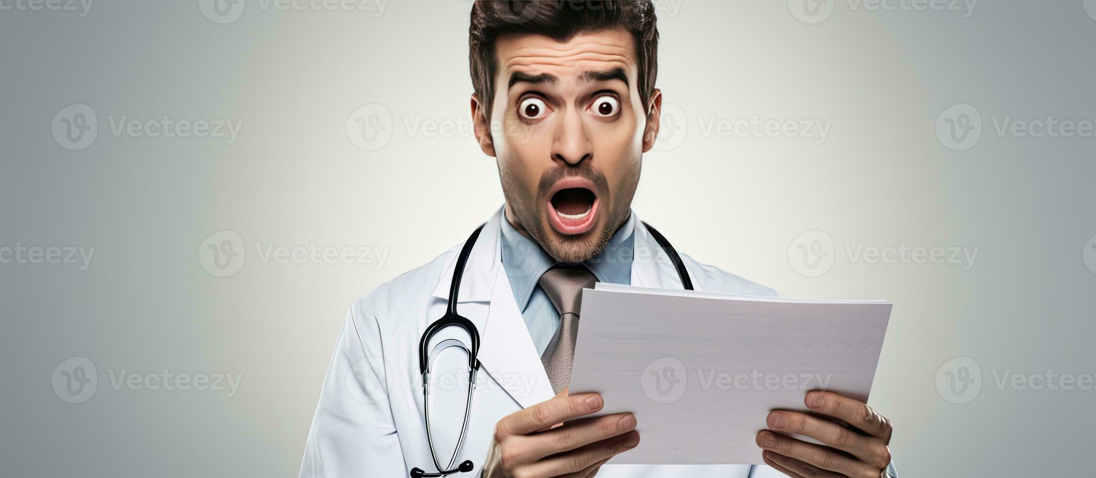 Unhappy man doctor with patient chart isolated background space for text health photo