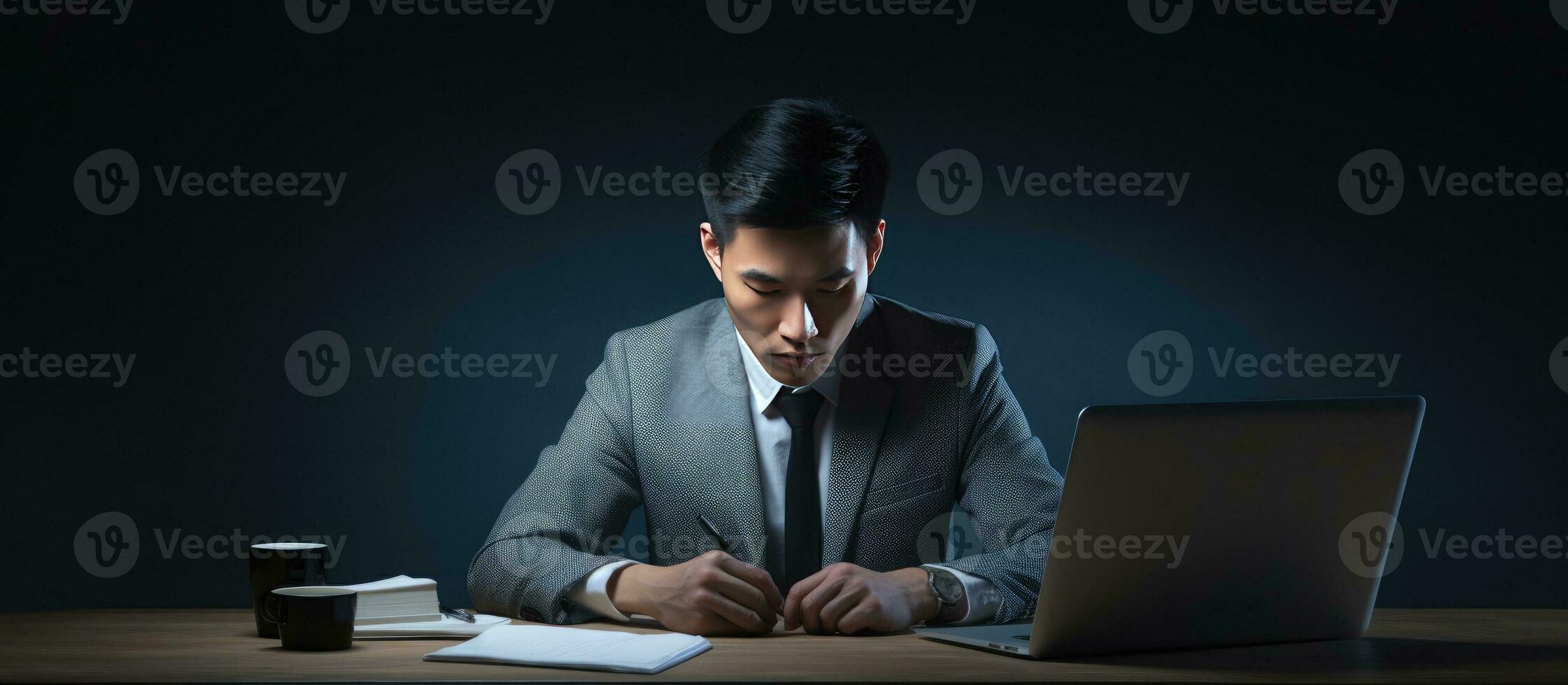 Determined Asian businessman at desk with blank chalkboard working on computer in office photo