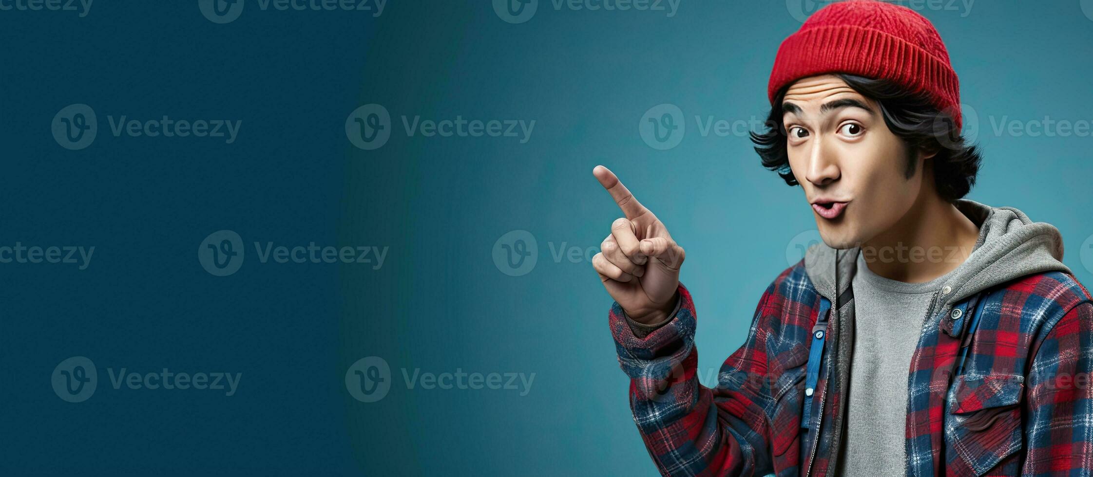 Asian man wearing beanie hat and plaid flannel shirt gesturing for silence with finger on lips pointing to empty space photo