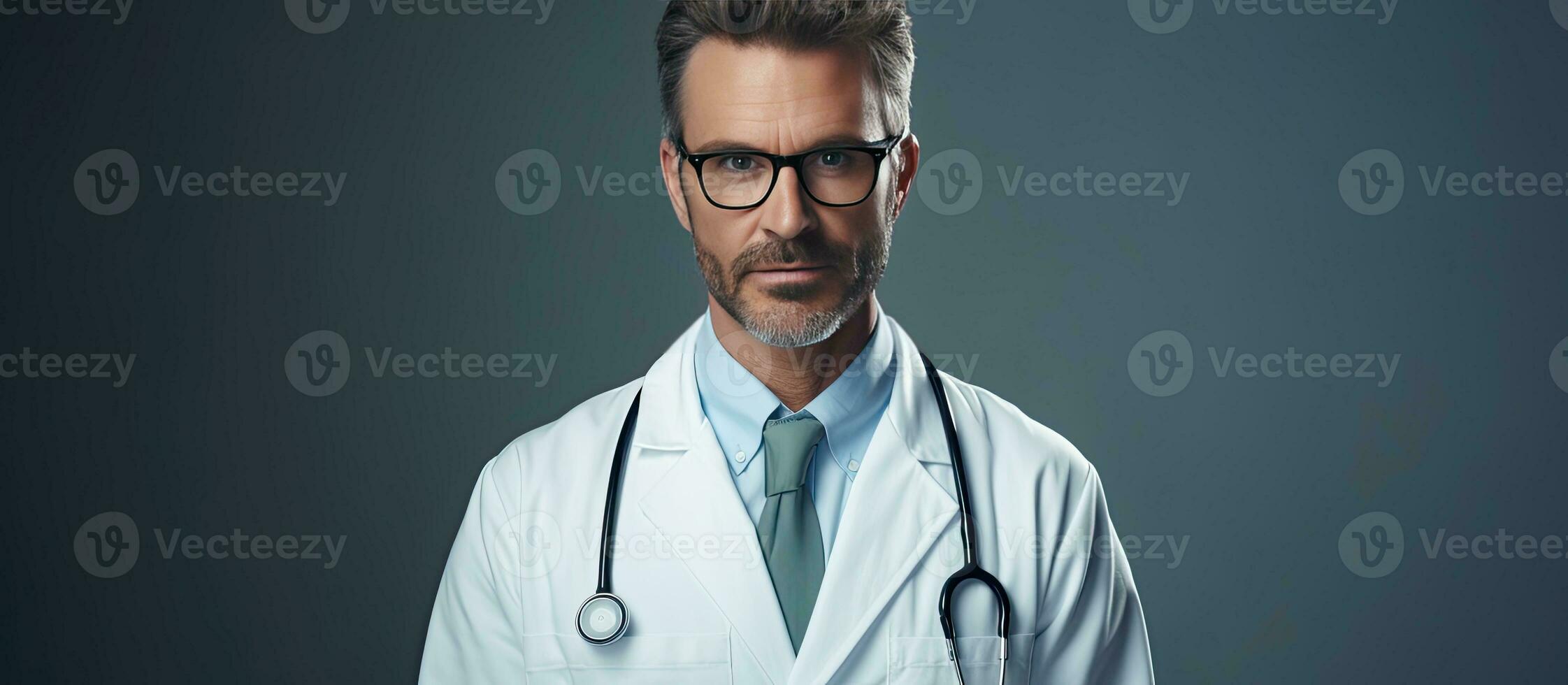 Serious doctor in white coat and eyeglasses with stethoscope examines camera on isolated gray background copy and text space for health related content photo