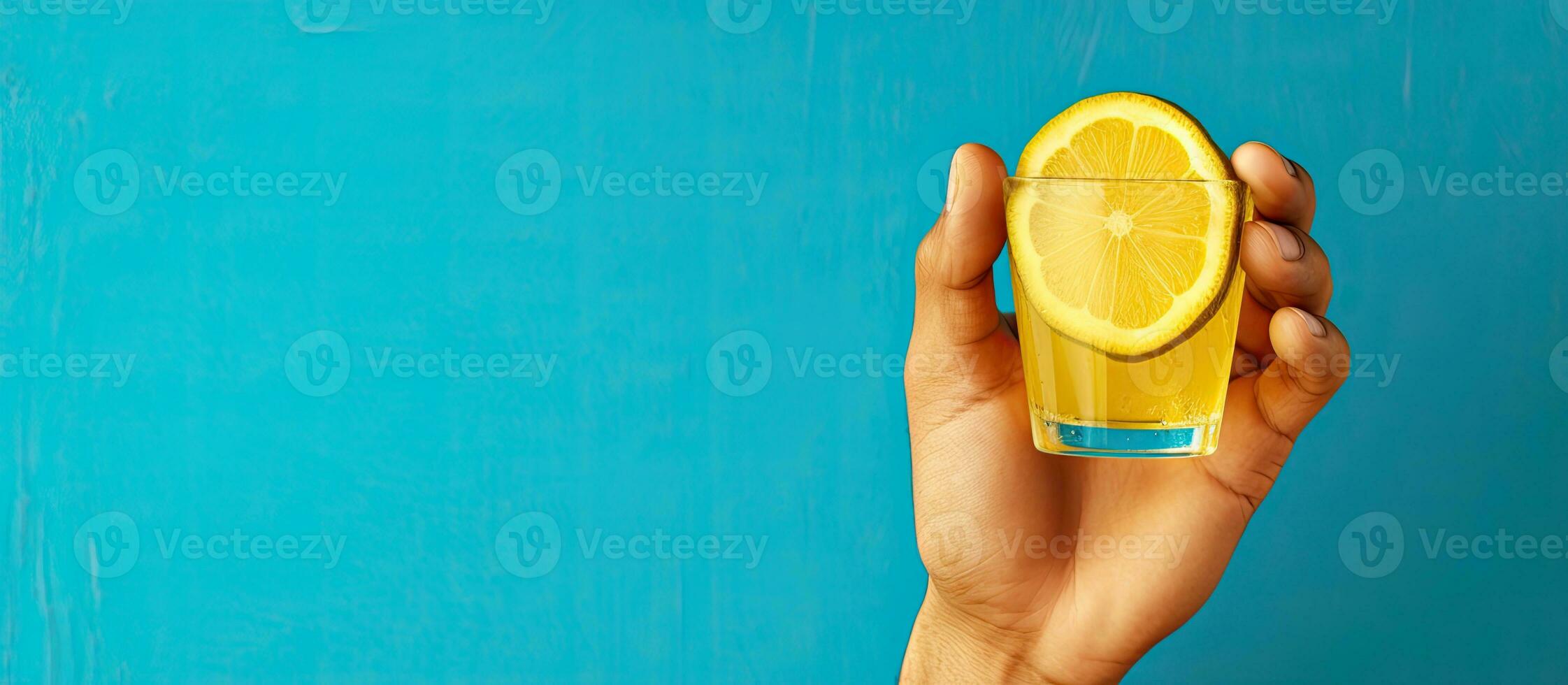 Caucasian man celebrates National Tequila Day with a shot and lemon slice photo
