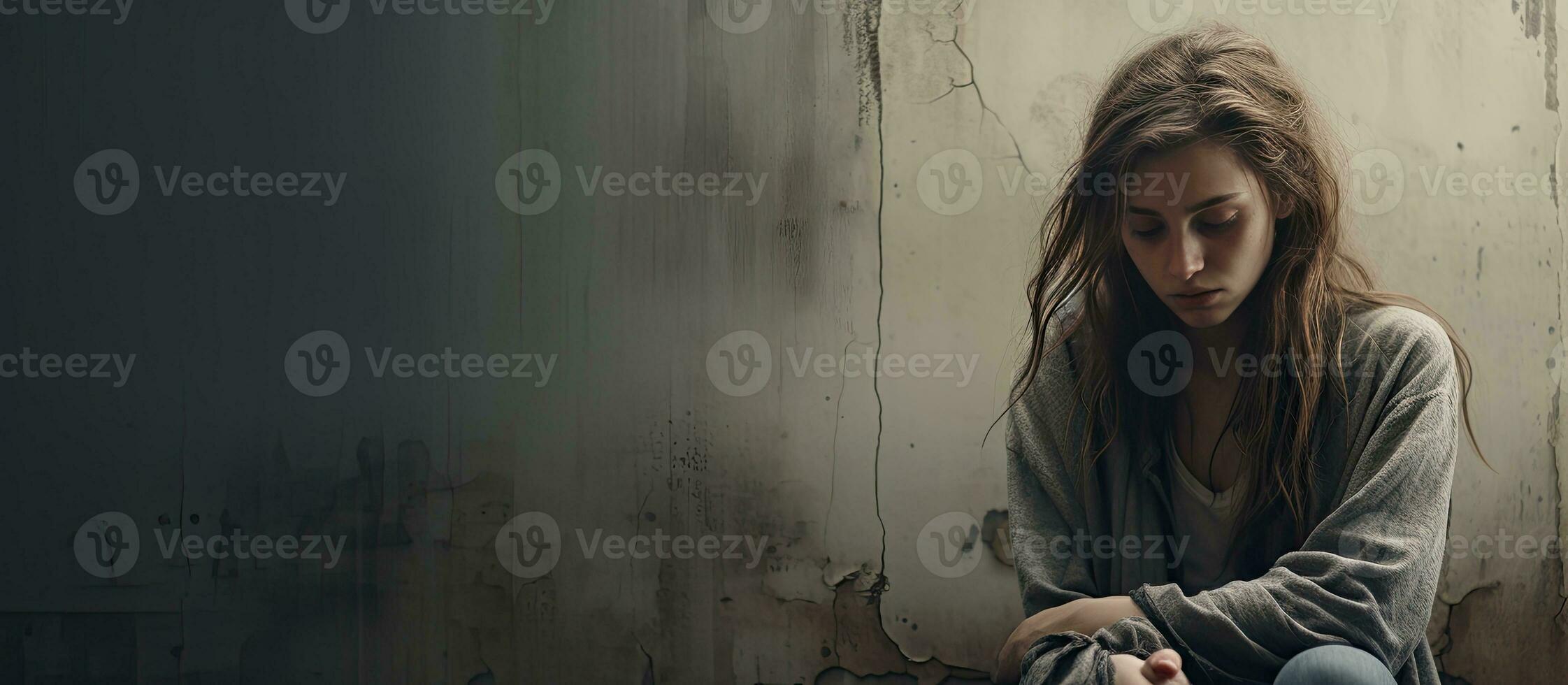 Depressed young widow leaning on wall copy space Awareness and support for grief and loneliness photo