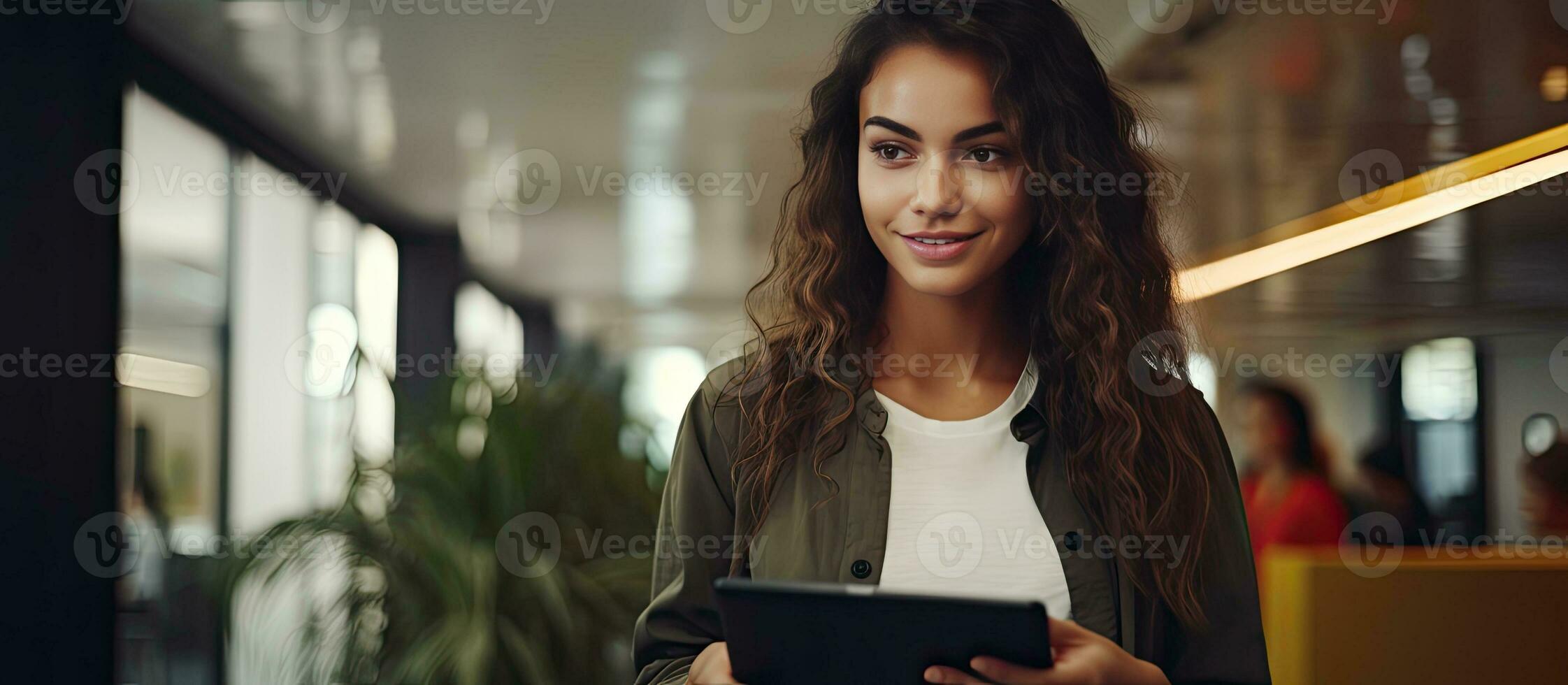 Young woman student using digital tablet standing on campus with laptop and empty space photo