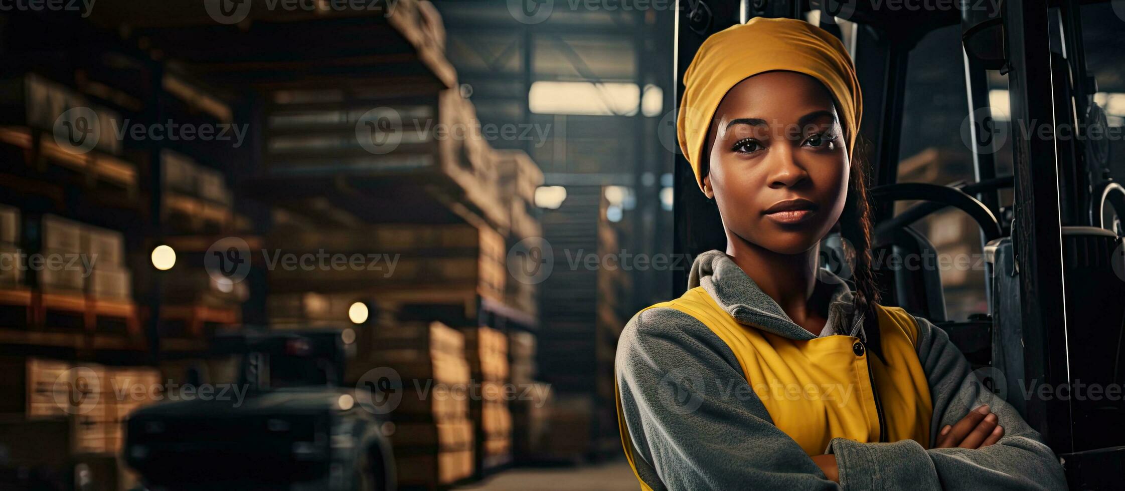 African female warehouse worker posing with a forklift in a textile warehouse photo