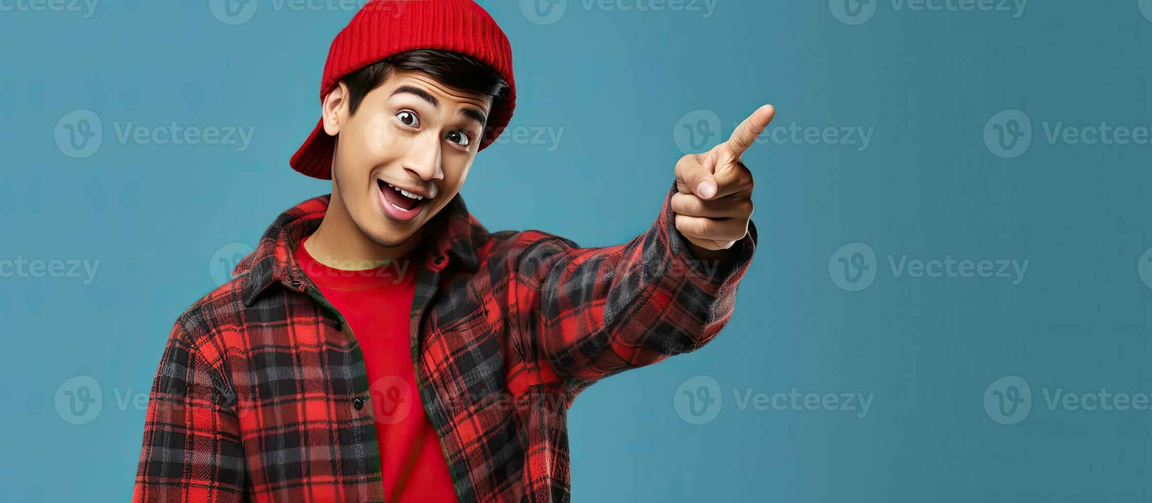 An enthusiastic Asian man with a beanie hat and red plaid flannel shirt talking on his phone and pointing left isolated on blue photo