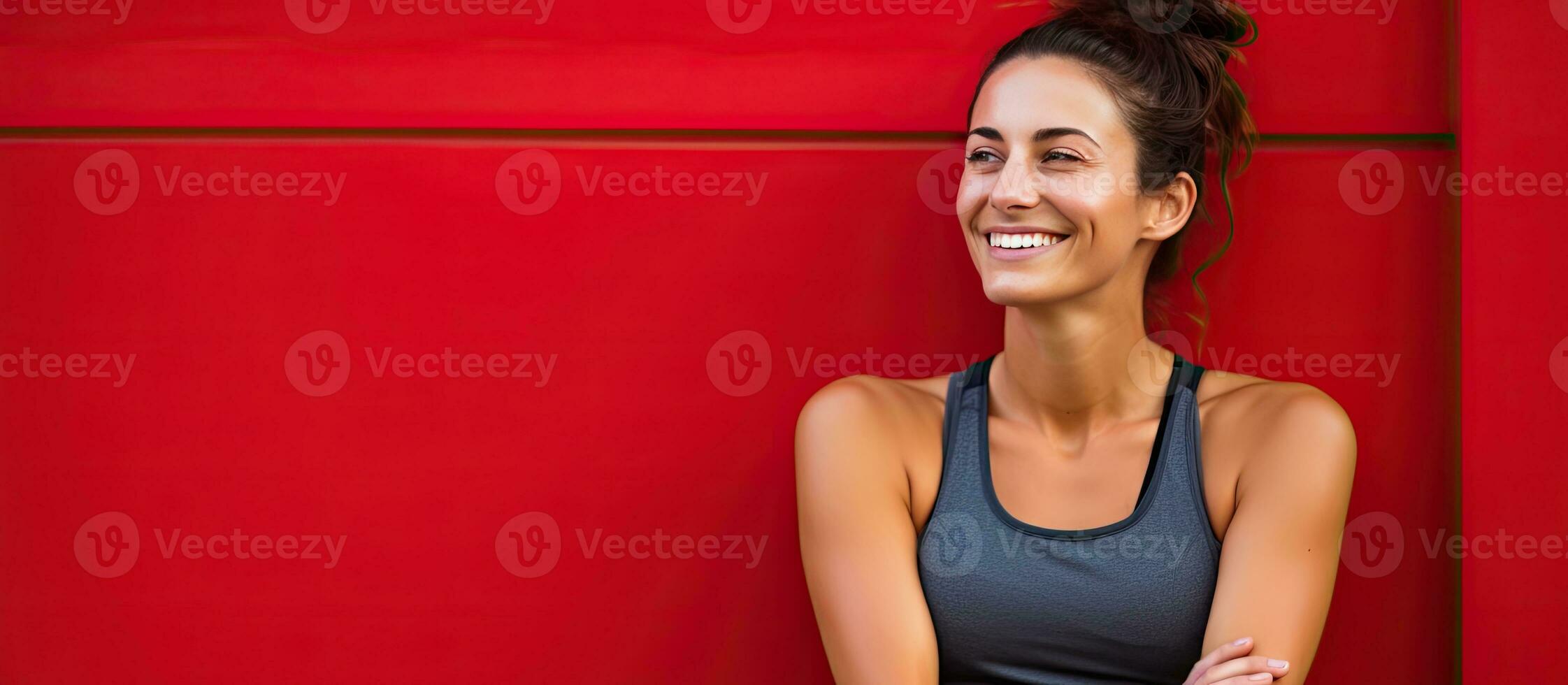 A content woman rests after a workout against a red wall with space for text photo
