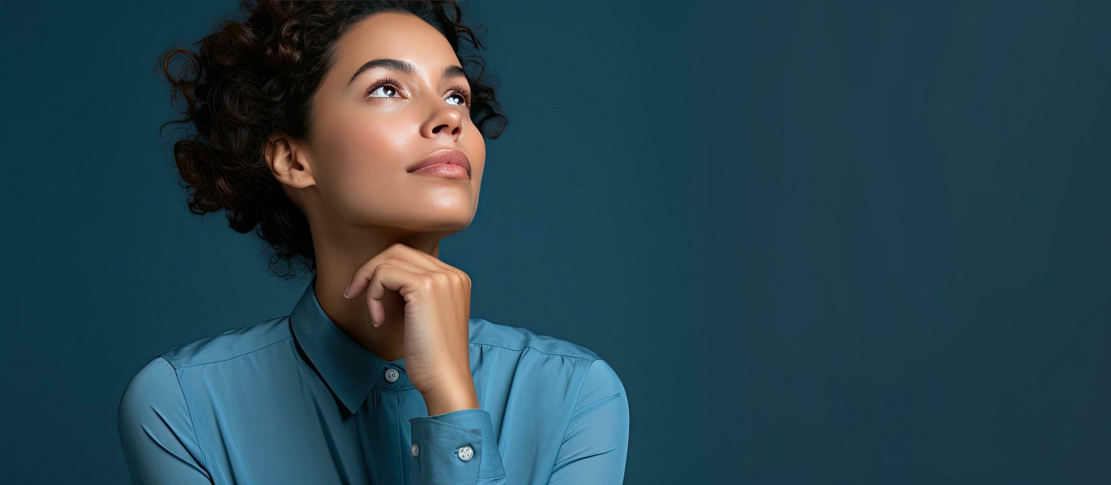 Thoughtful Hispanic woman daydreaming and gazing upwards towards blank space pondering or fantasizing photo