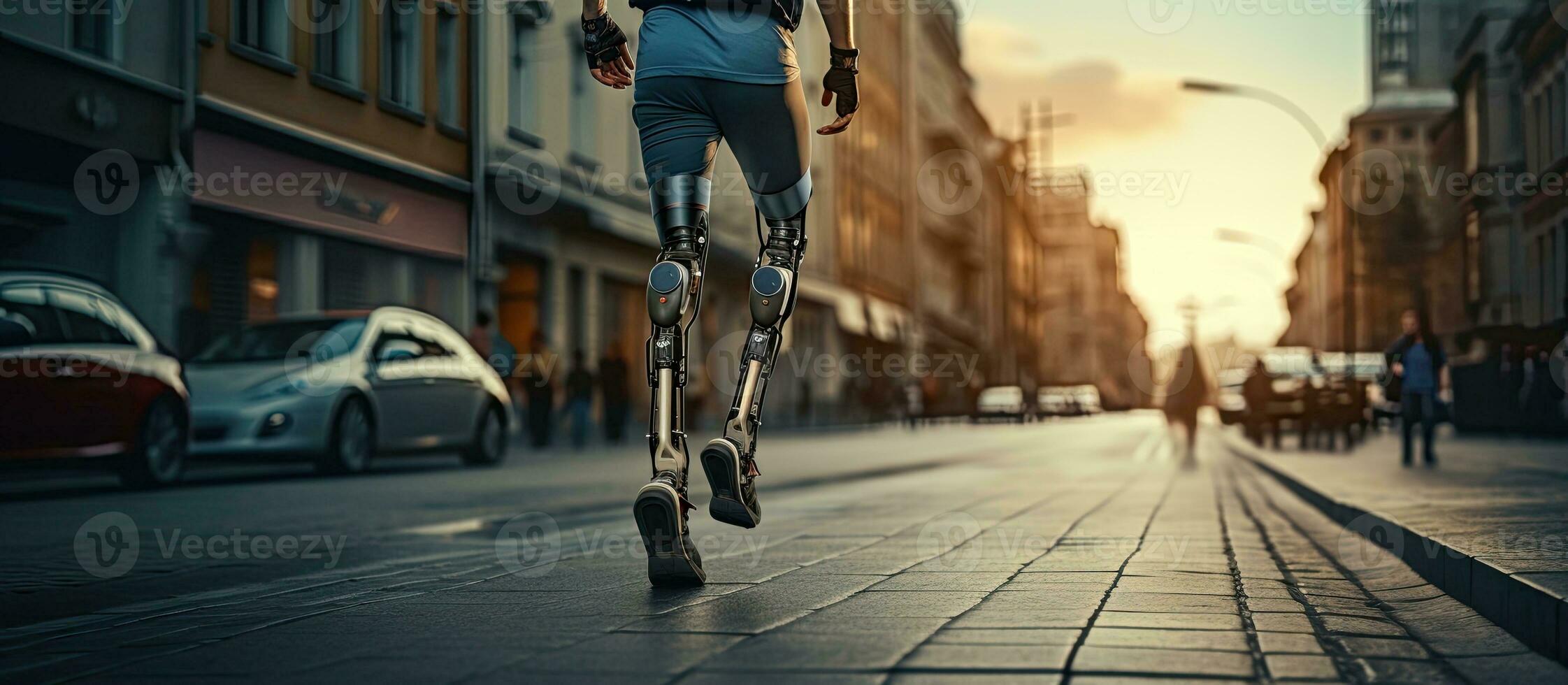 Disabled man with artificial limb walking on the street from a low angle view photo