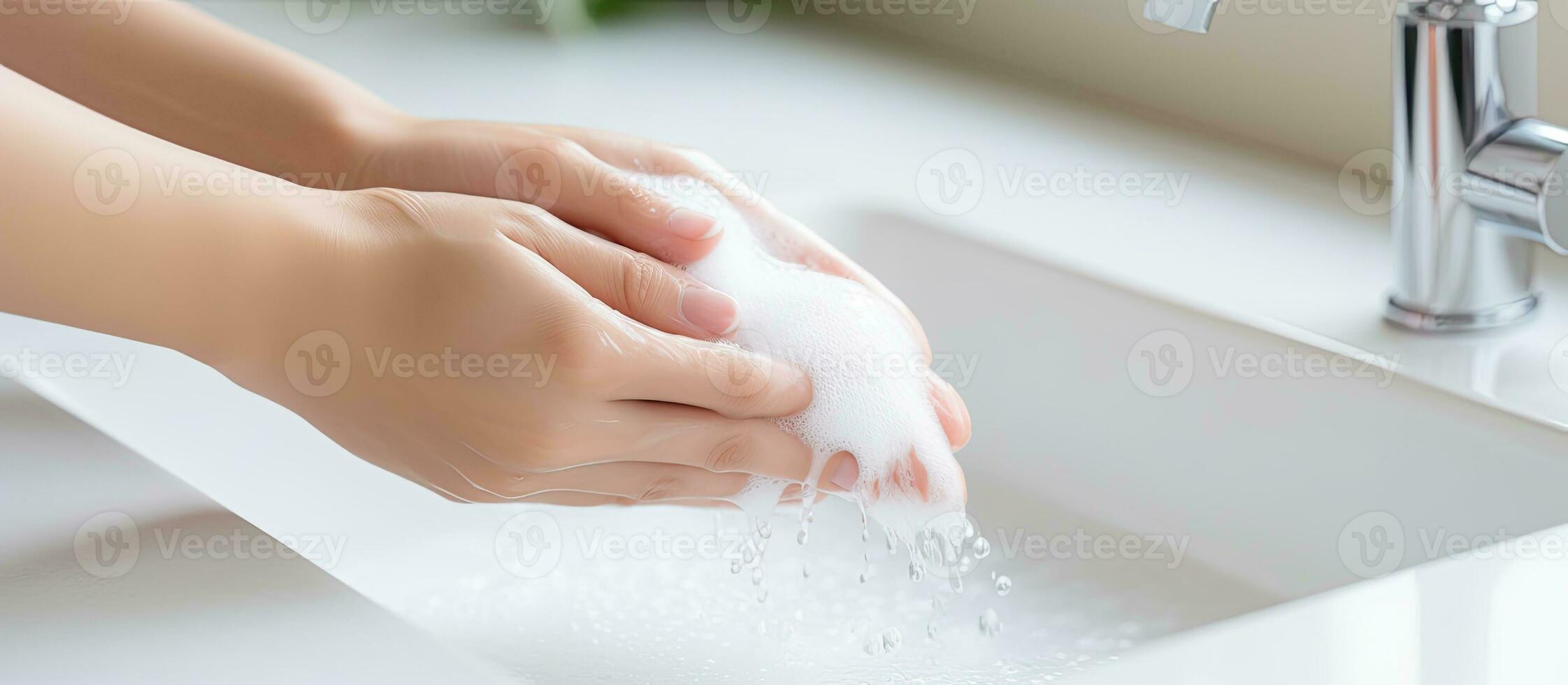 asiático mujer mano Lavado en baño a hogar codicioso 19 pandemia cuidado foto