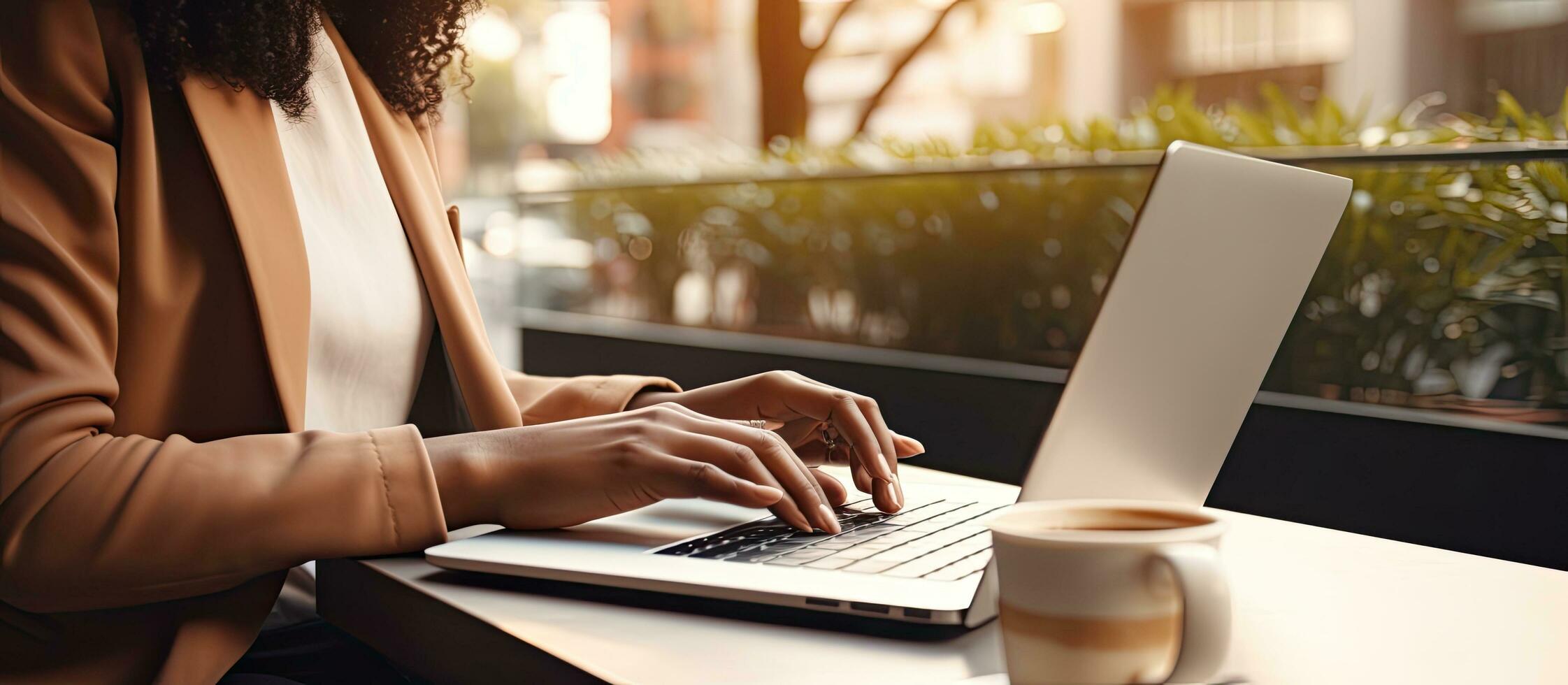 Biracial woman multitasking with laptop and tablet working from home Remote work technology and modern lifestyle photo