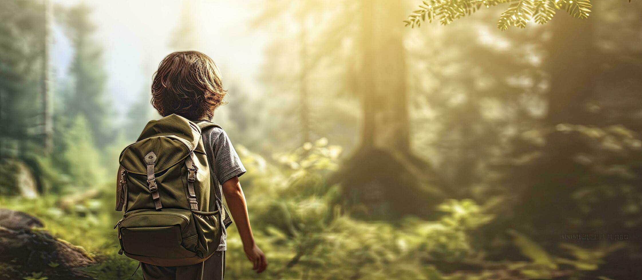 Caucasian boy exploring forest on National Public Lands Day emphasizing conservation volunteering and nature enjoyment photo