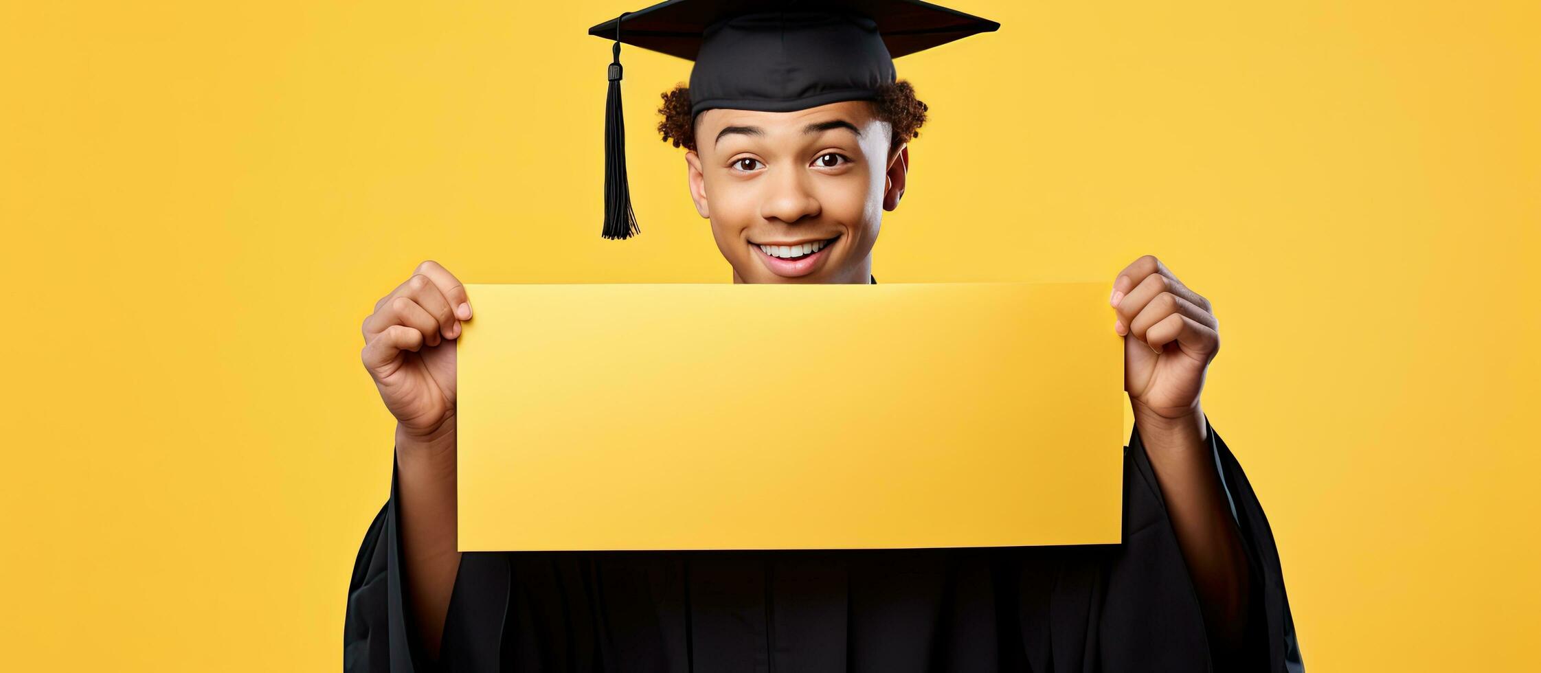 Focus on excited graduate young man holding blank poster on yellow studio background photo