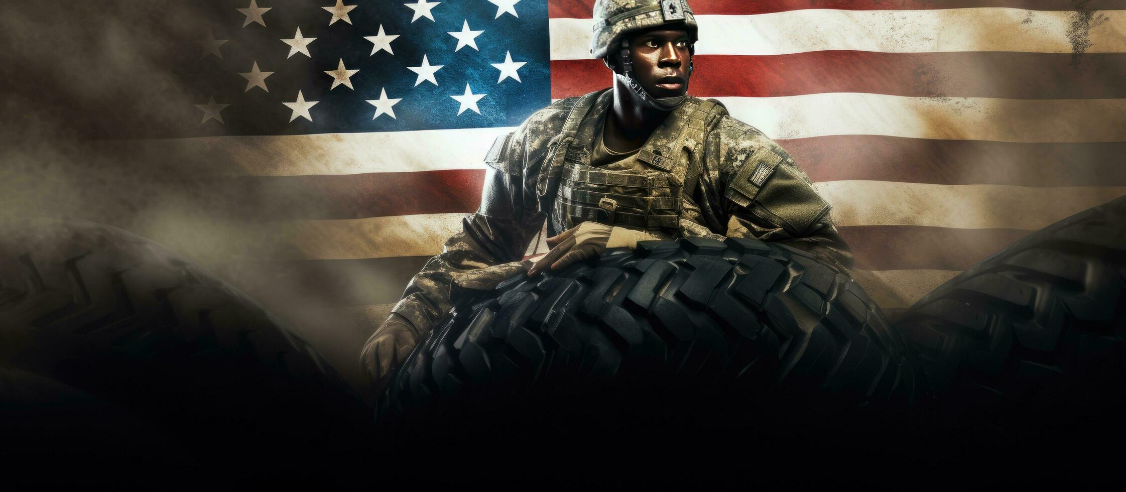 African American army soldier lifting tire armed forces day text armed forces celebration honor patriotism fitness concept photo