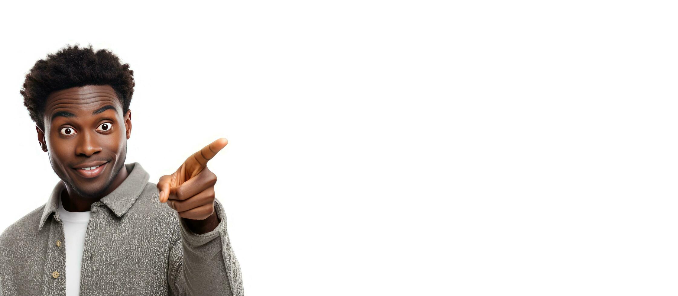 Happy black man points at blank area white background photo