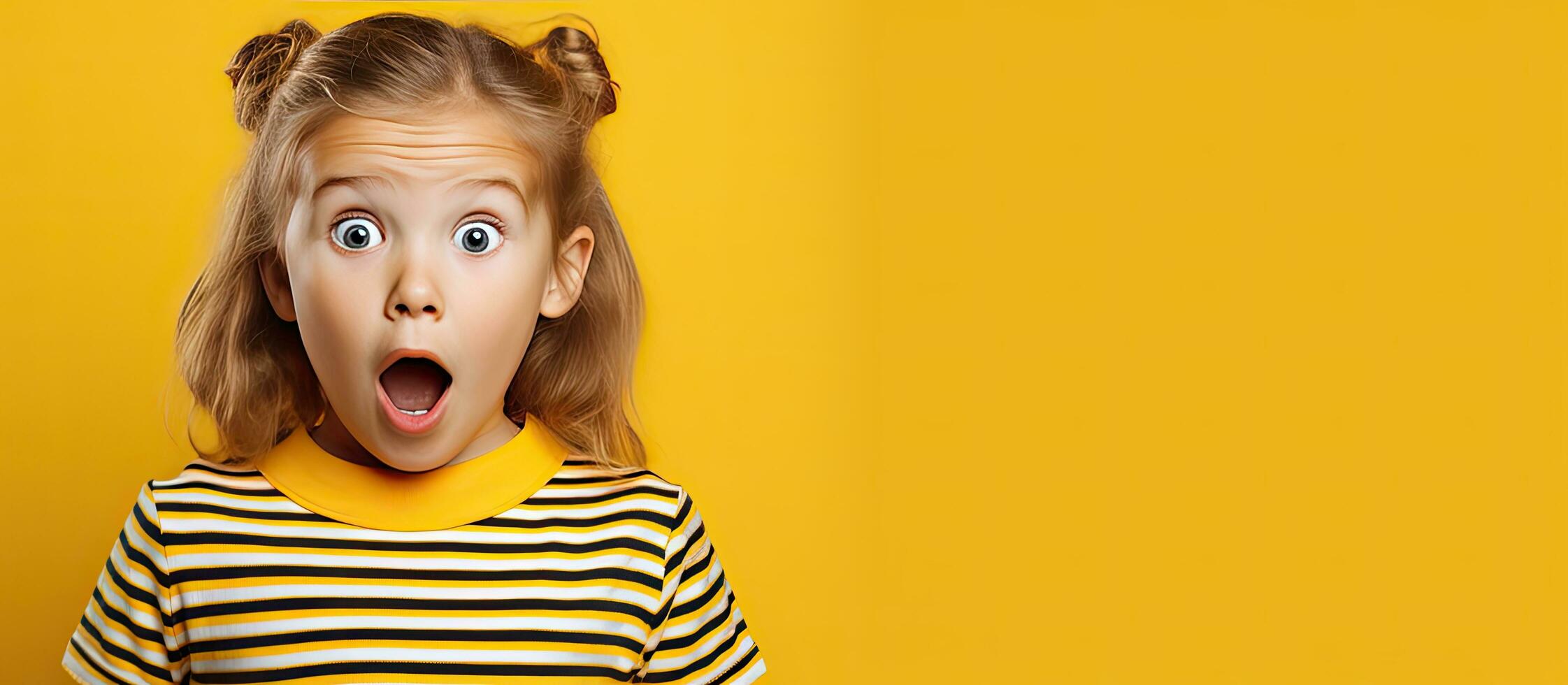 Surprised Caucasian girl in striped T shirt points elsewhere on copy space indicating something photo