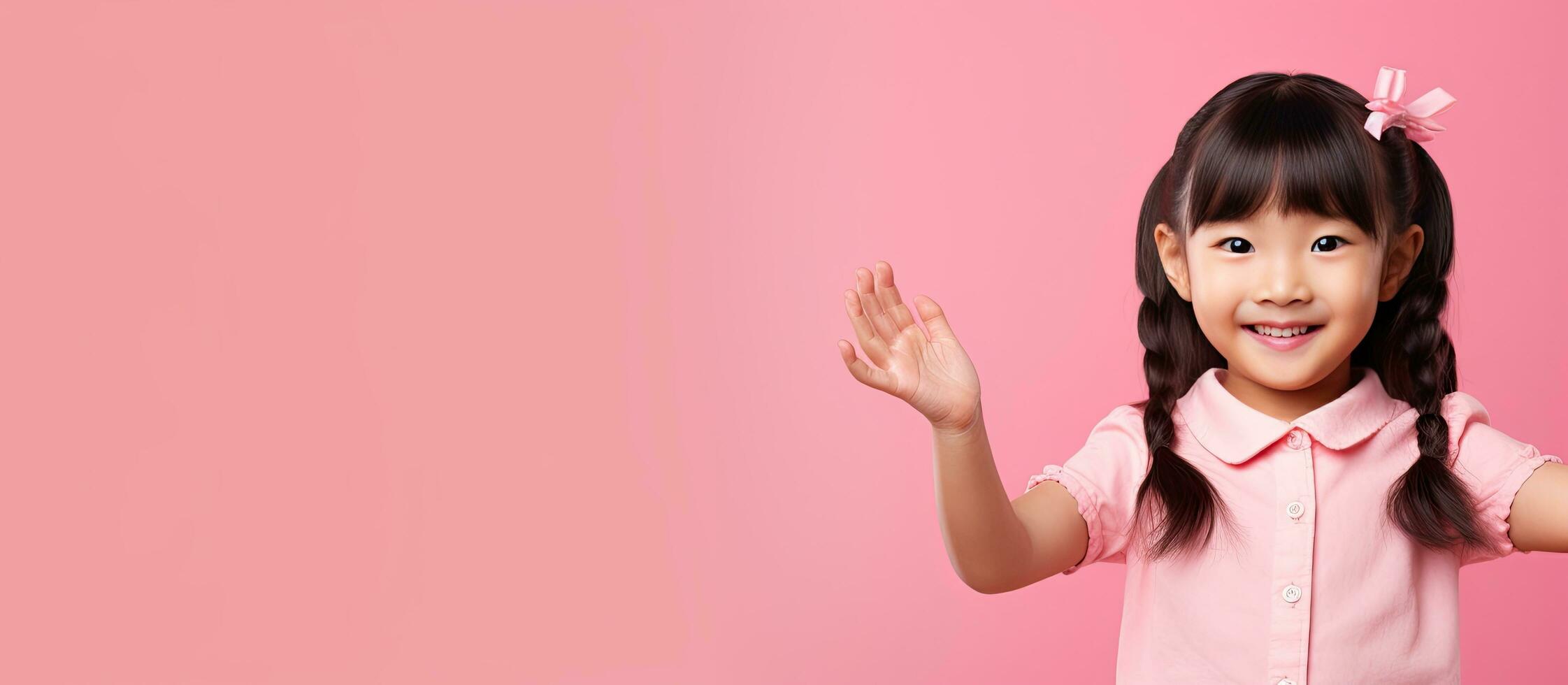 Joyful Asian girl displaying open palm with copy space on a pink background photo