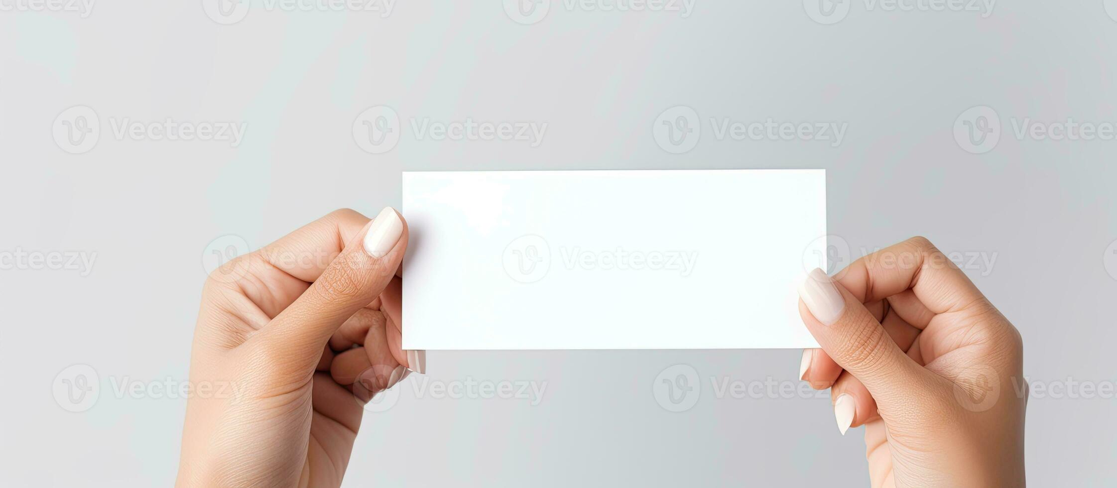 Caucasian woman s hand holds white card for business purposes photo