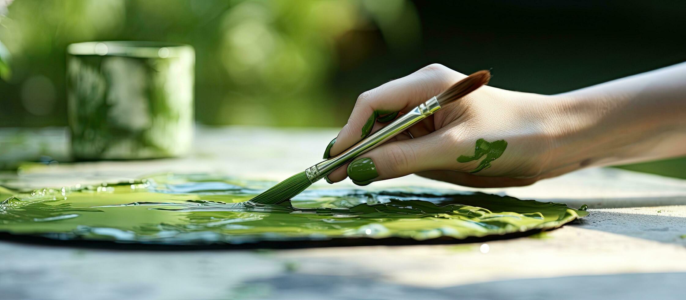 hembra mano inmersión cepillo dentro verde acuarela para al aire libre dibujo con borroso antecedentes foto