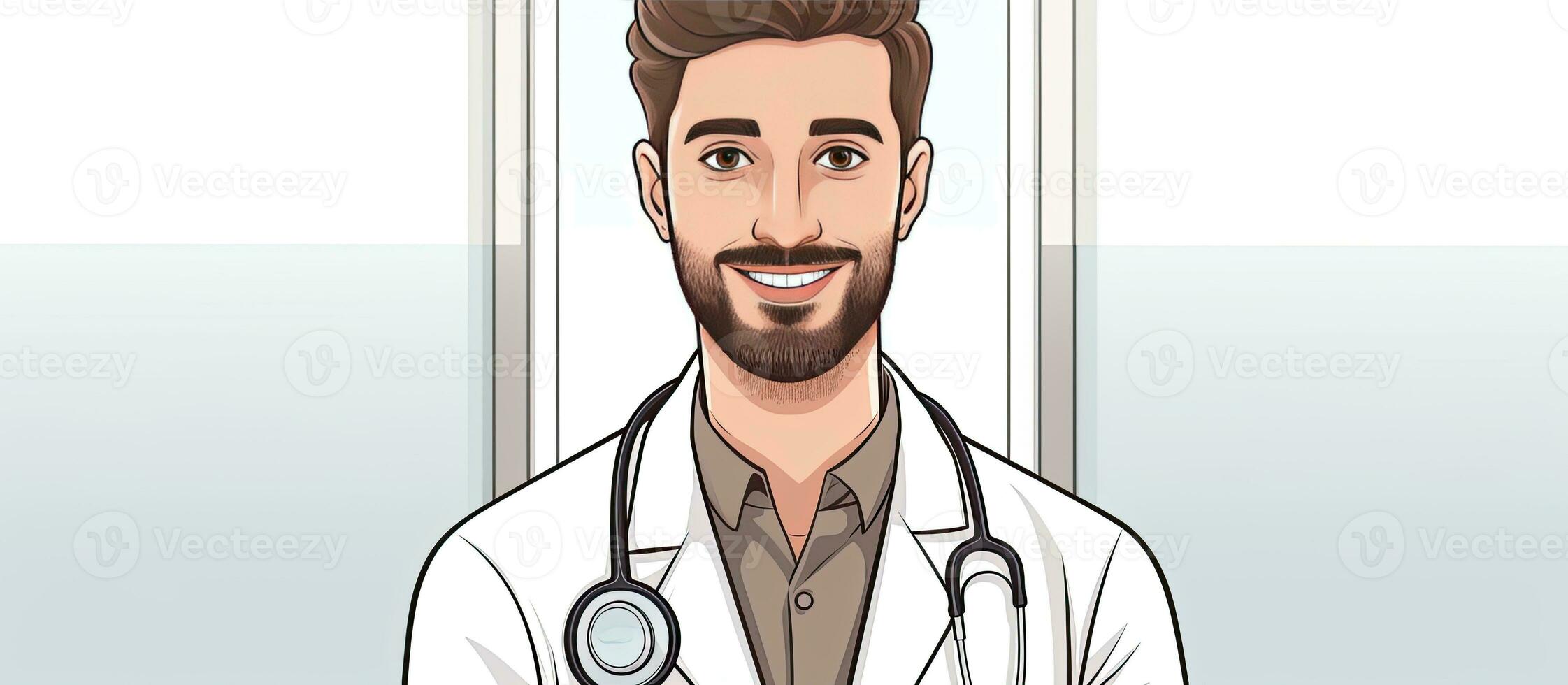 Smiling male doctor with good test results wearing a white coat and stethoscope looking into camera on isolated white background Copy space for health photo