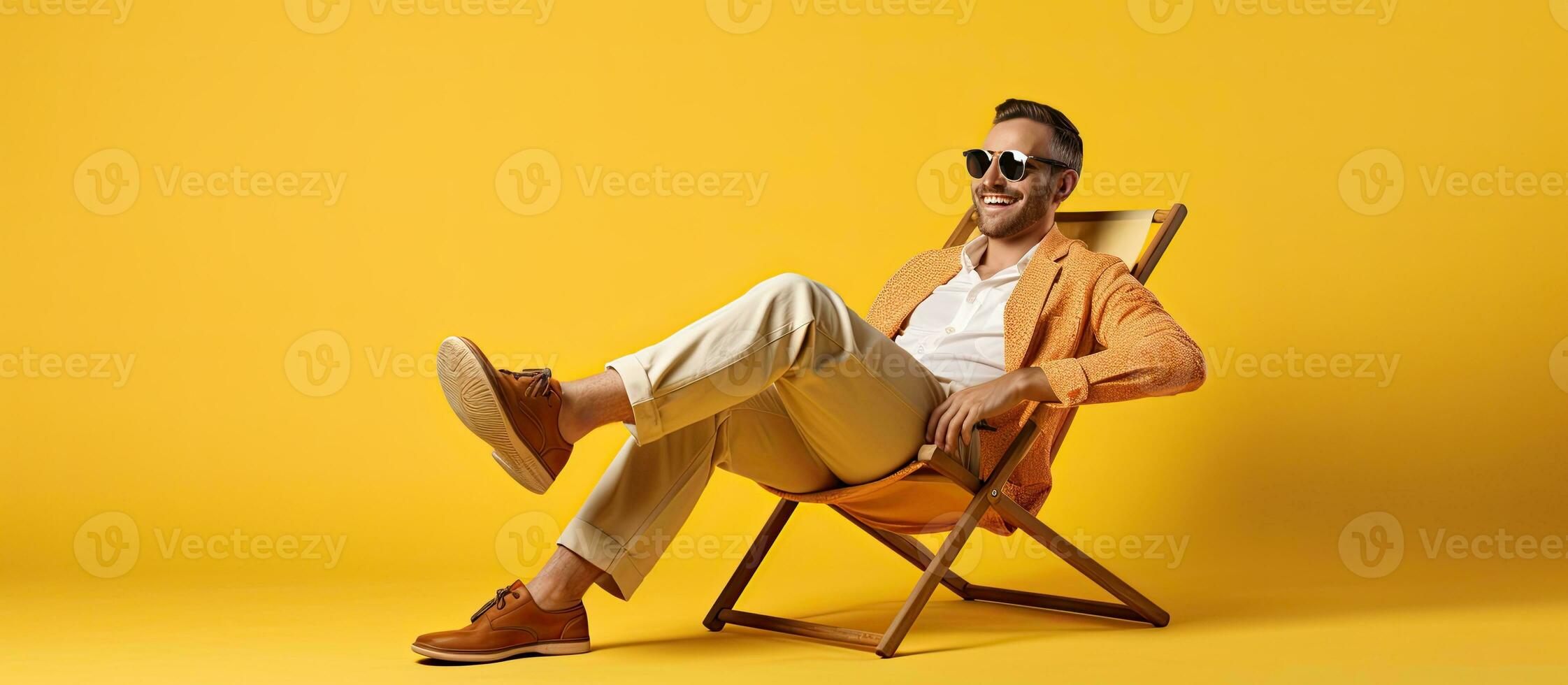 Smiling tourist man in summer clothes sitting on a deck chair isolated on yellow background photo