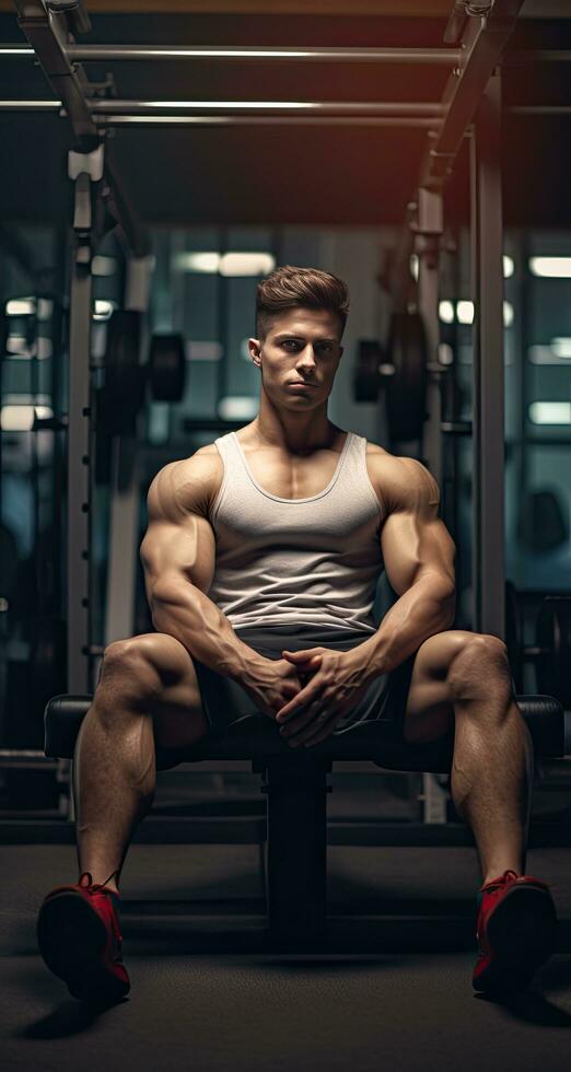 ajuste joven hombre descansando en gimnasio con vacío espacio en el izquierda foto