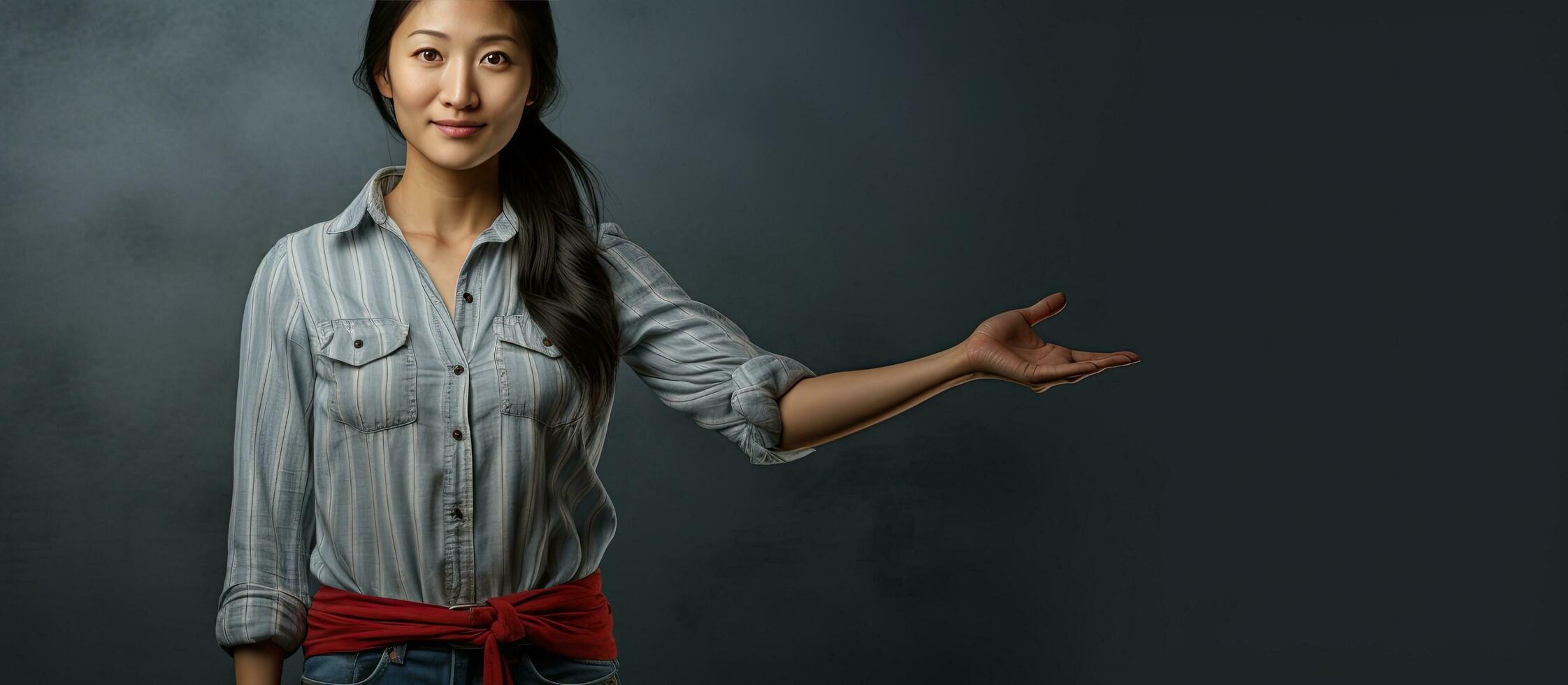 An Asian woman with layered clothing showing an empty palm and resting her other hand on her waist photo