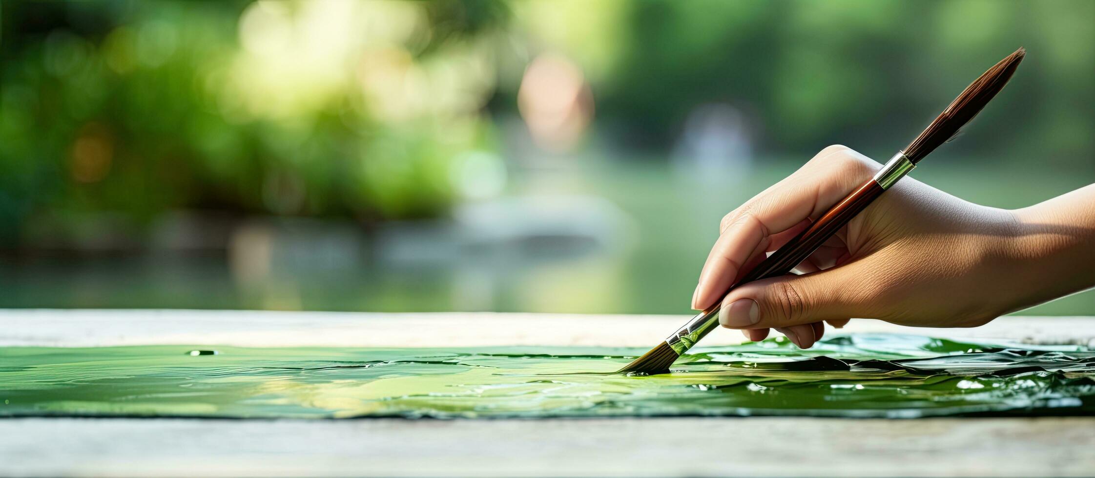 Female hand dipping brush into green watercolor for outdoor drawing with blurred background photo