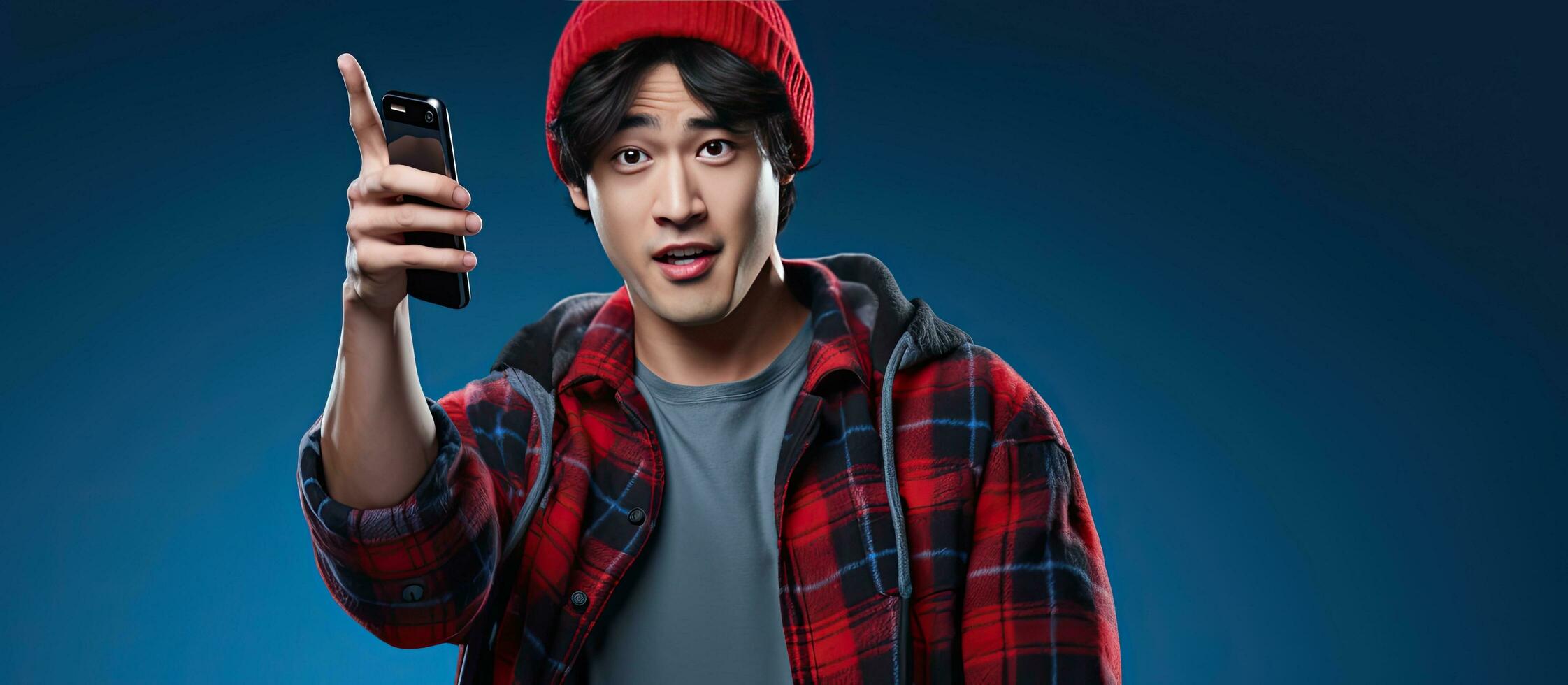 Asian man in beanie hat and red plaid shirt points finger at copy space holding phone isolated on blue background photo
