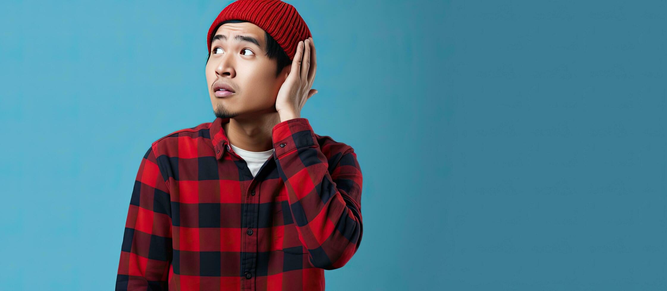 An Asian man looking up and scratching his head wearing a beanie hat and a red plaid flannel shirt against a blue background photo