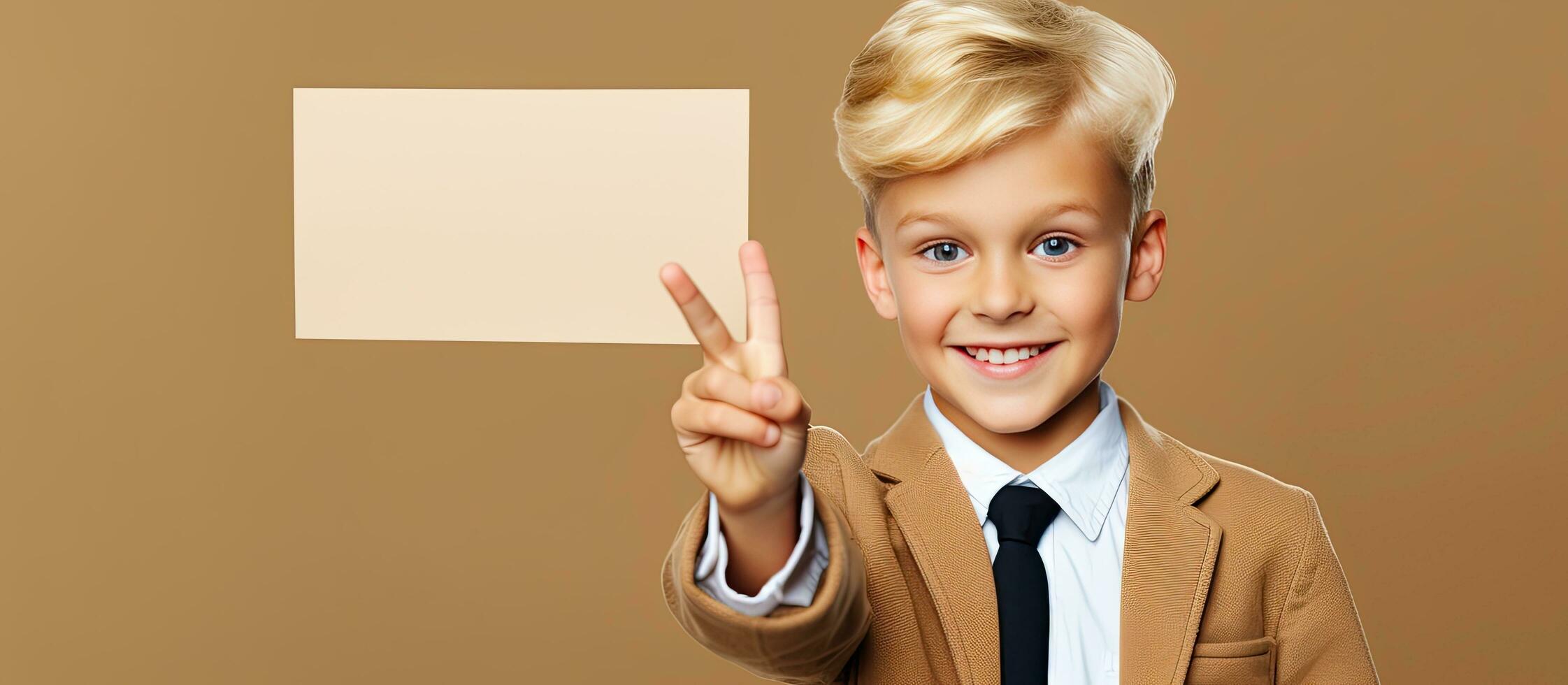 Blond schoolboy holds empty cork board pointing at it Mock up available photo