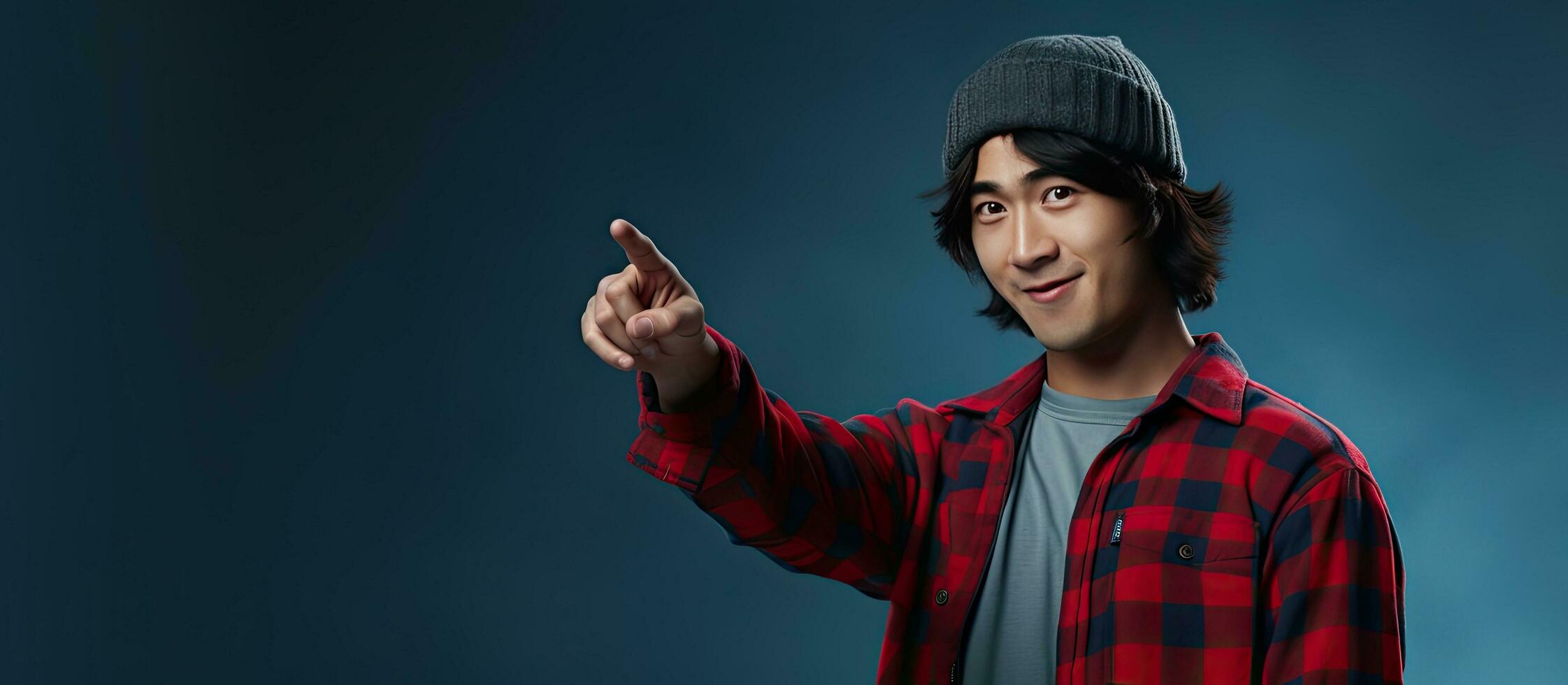 Asian man pointing left with a beanie hat and red plaid shirt holding a phone isolated on blue photo