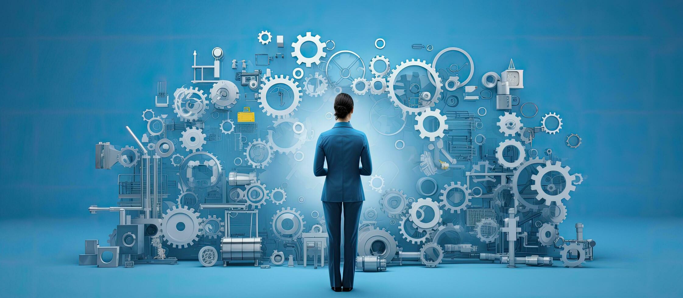 Campaign supporting women in engineering with woman gear against blue background photo