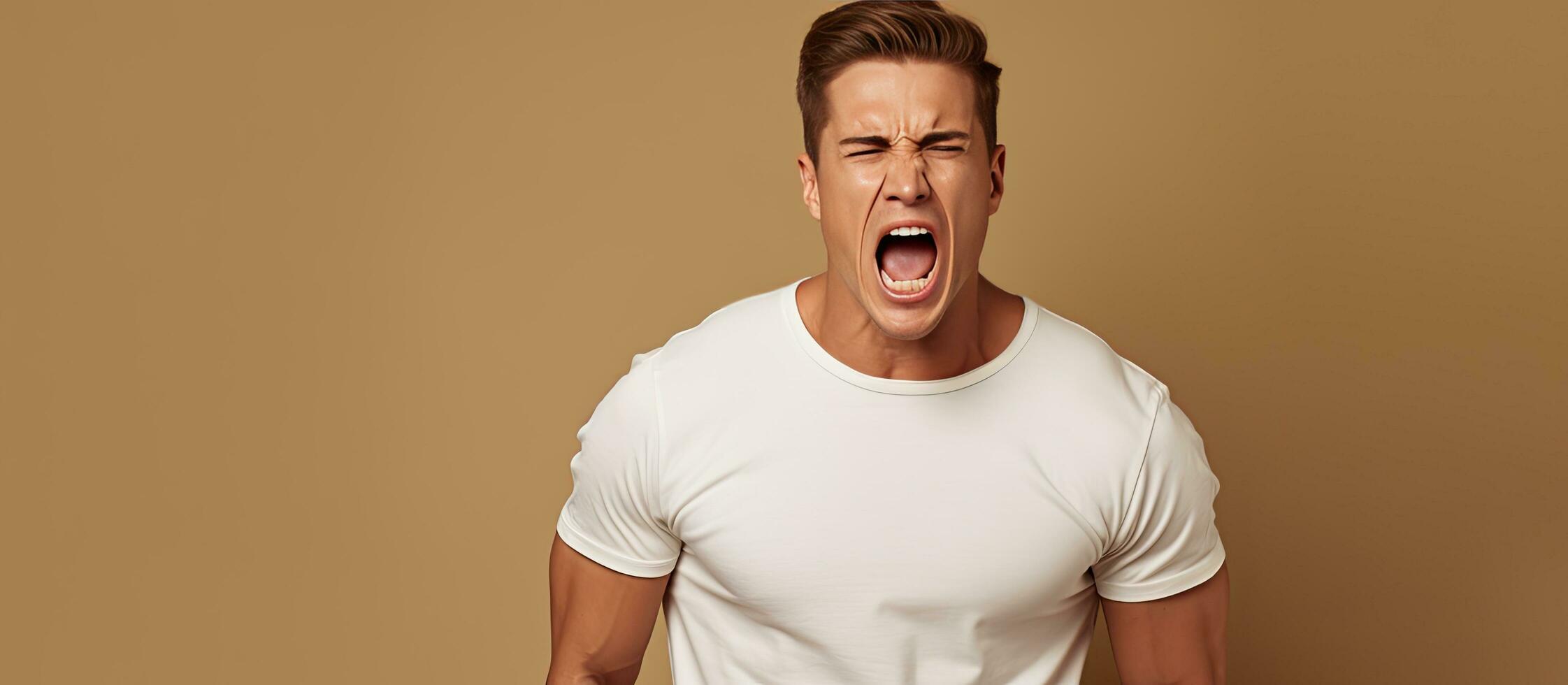Angry man in stylish apparel screaming on beige background camera look copy space photo