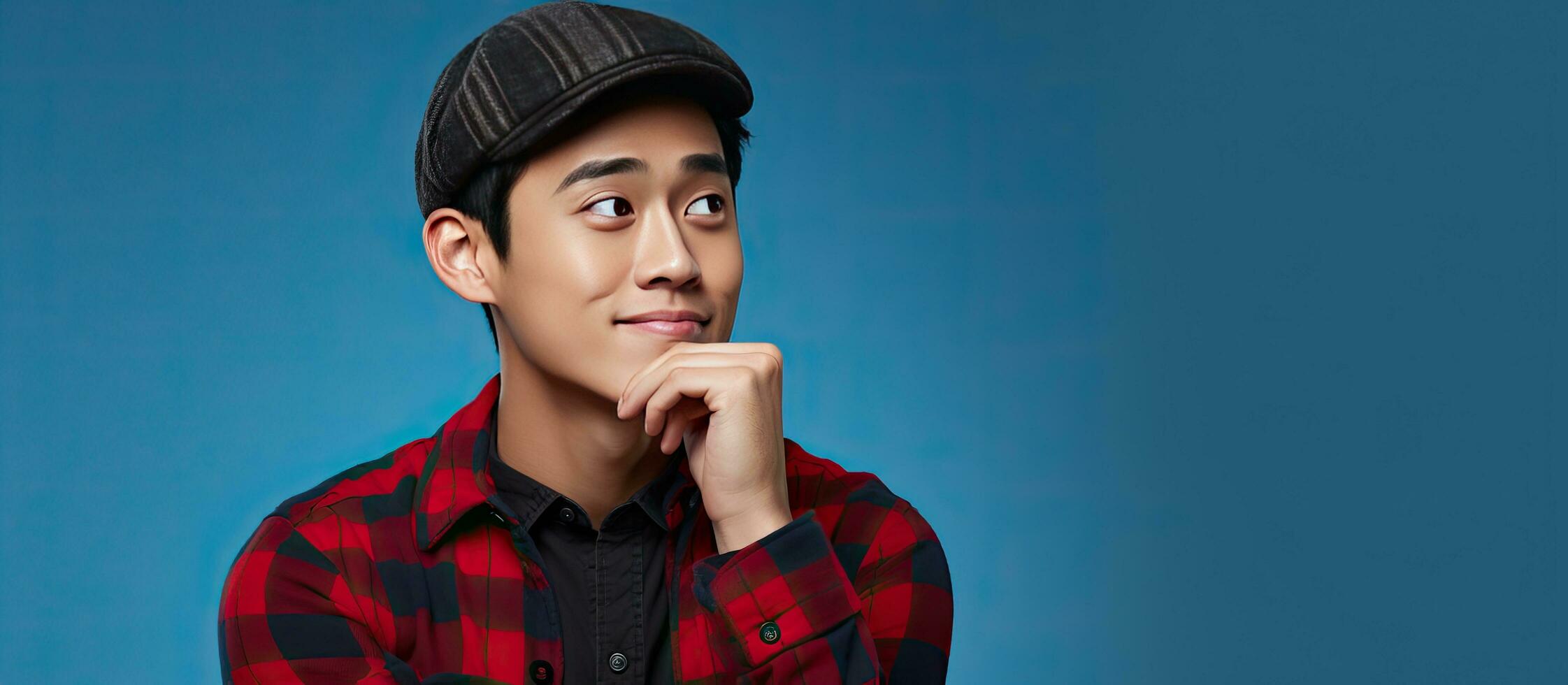 Serious young Asian man in a beanie and red plaid shirt looking thoughtfully aside at a copy space on a blue background hand on chin photo