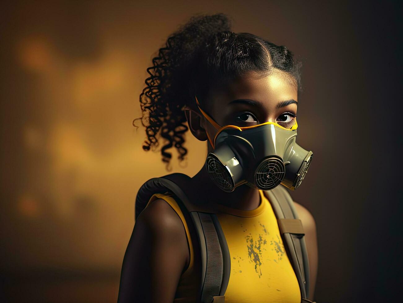 un oscuro desollado niña estudiante vistiendo un amarillo vestir y respiratorio máscara llegado a clase con un colegio mochila foto