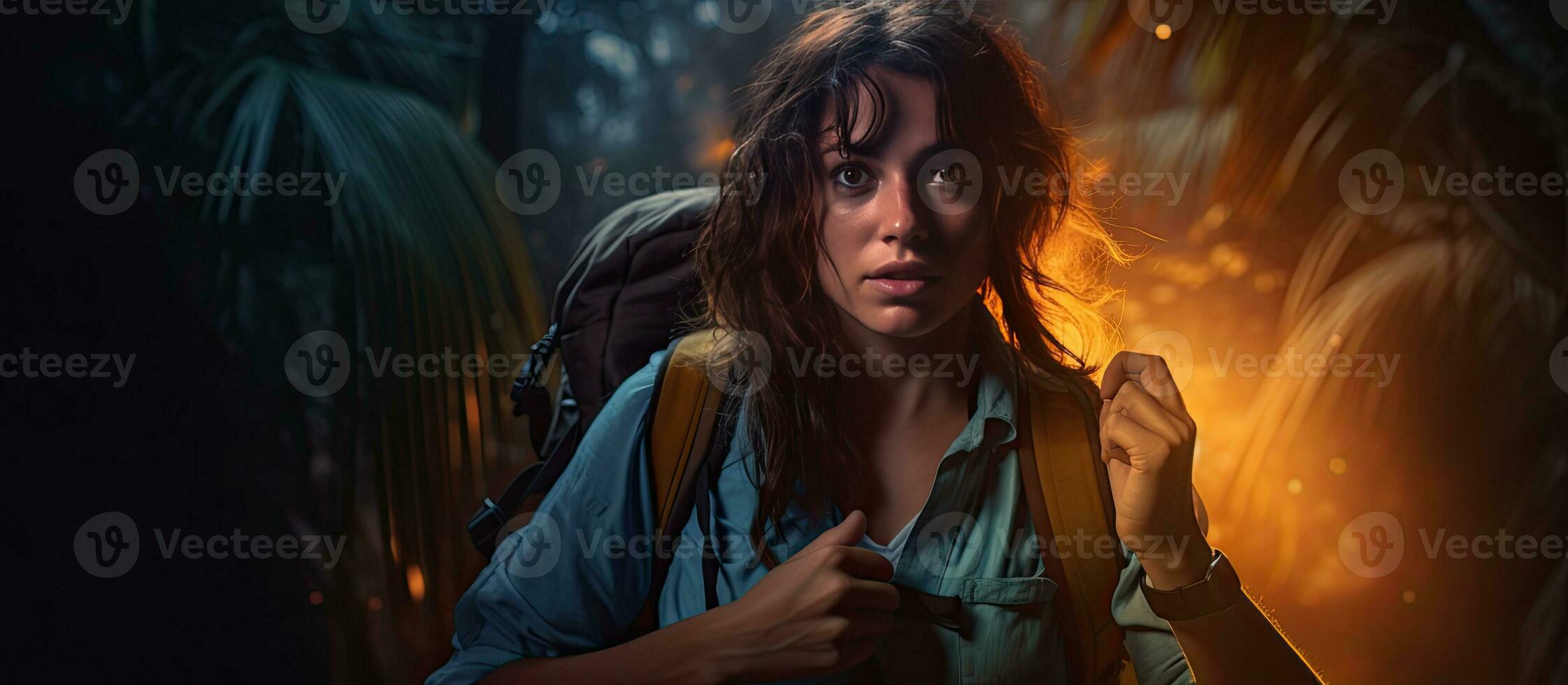 An exploratory woman with a flashlight and backpack showing a hand with space and resting the other hand on her waist photo