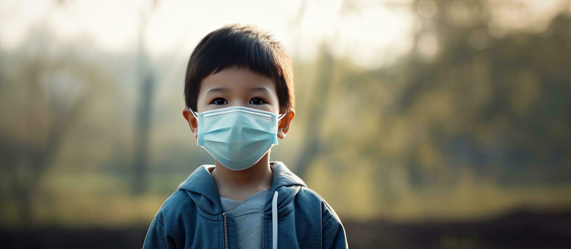 Asian child wearing a mask in park for virus protection empty area for copy photo