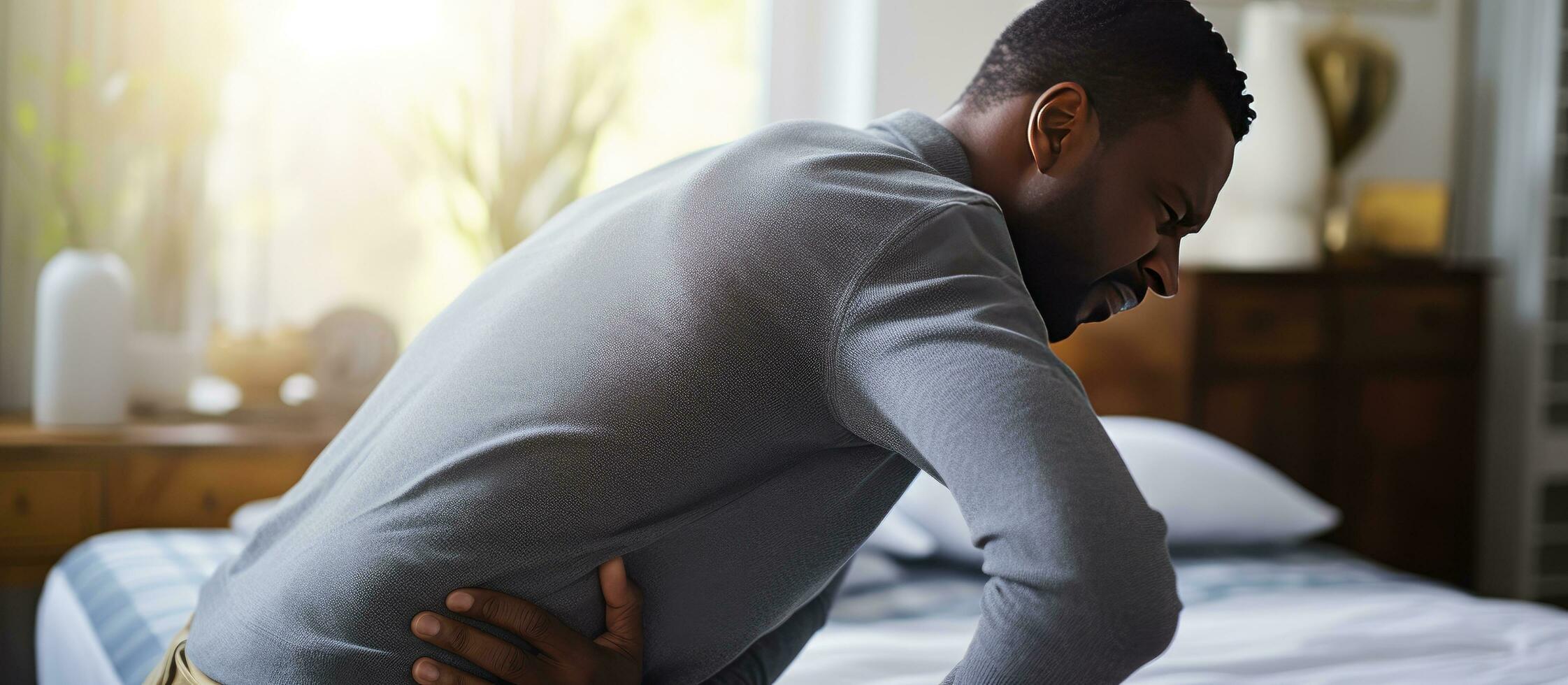 African American man with back and neck pain in bed Space photo